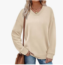 Beige V-Neck Casual Sweatshirt