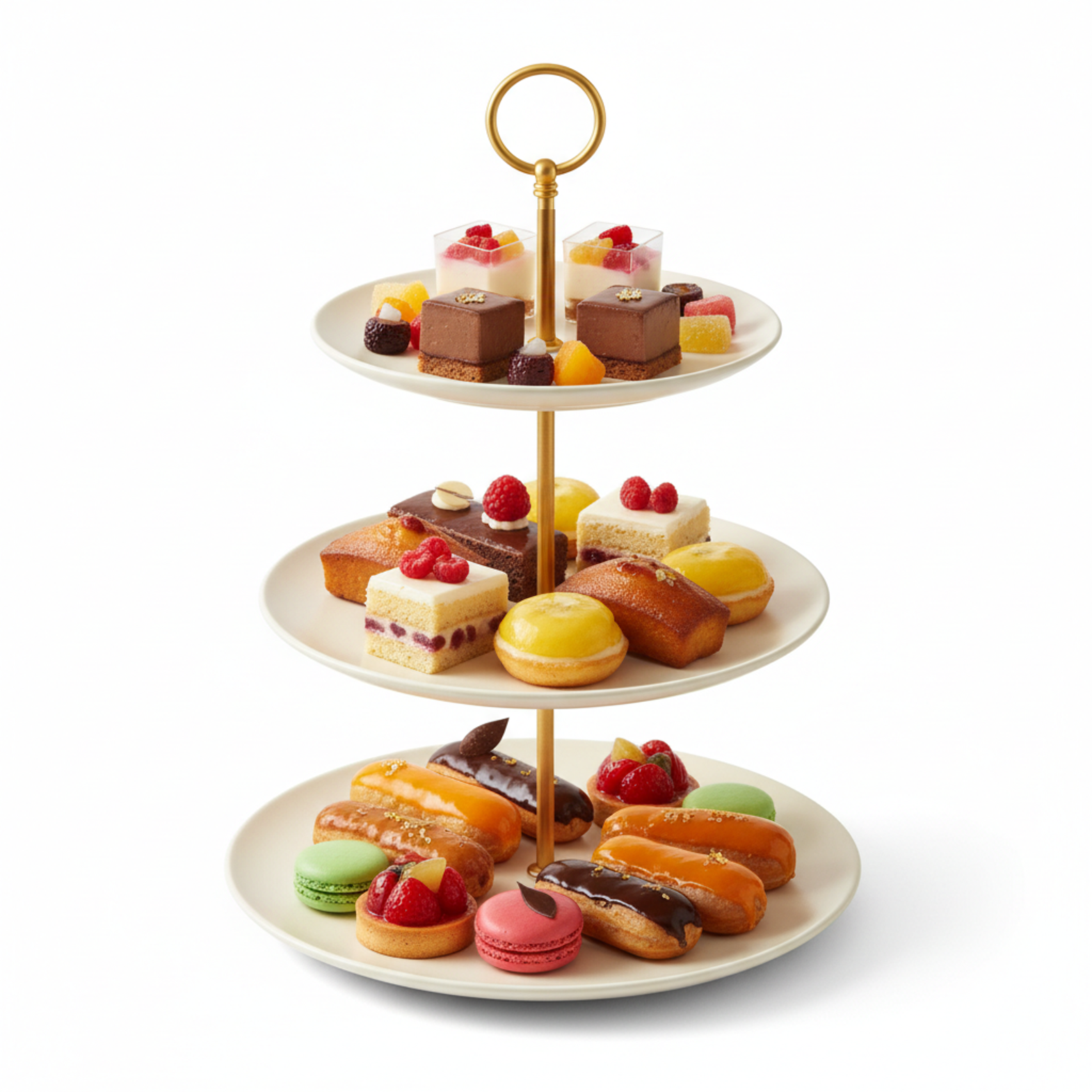 Etagere mat goudkleur met 3 porseleinen lagen