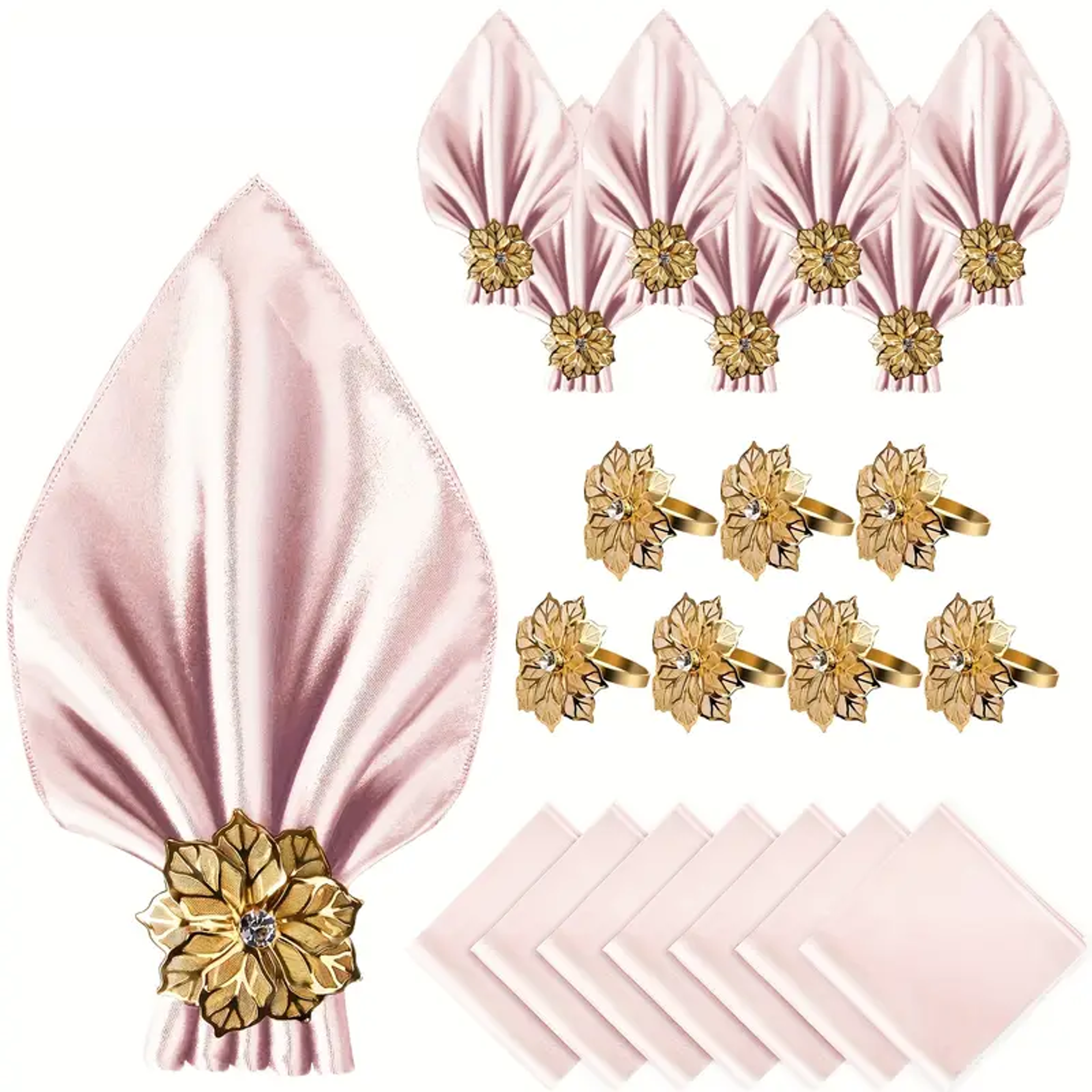 Roze servet met goudkleurige servetring