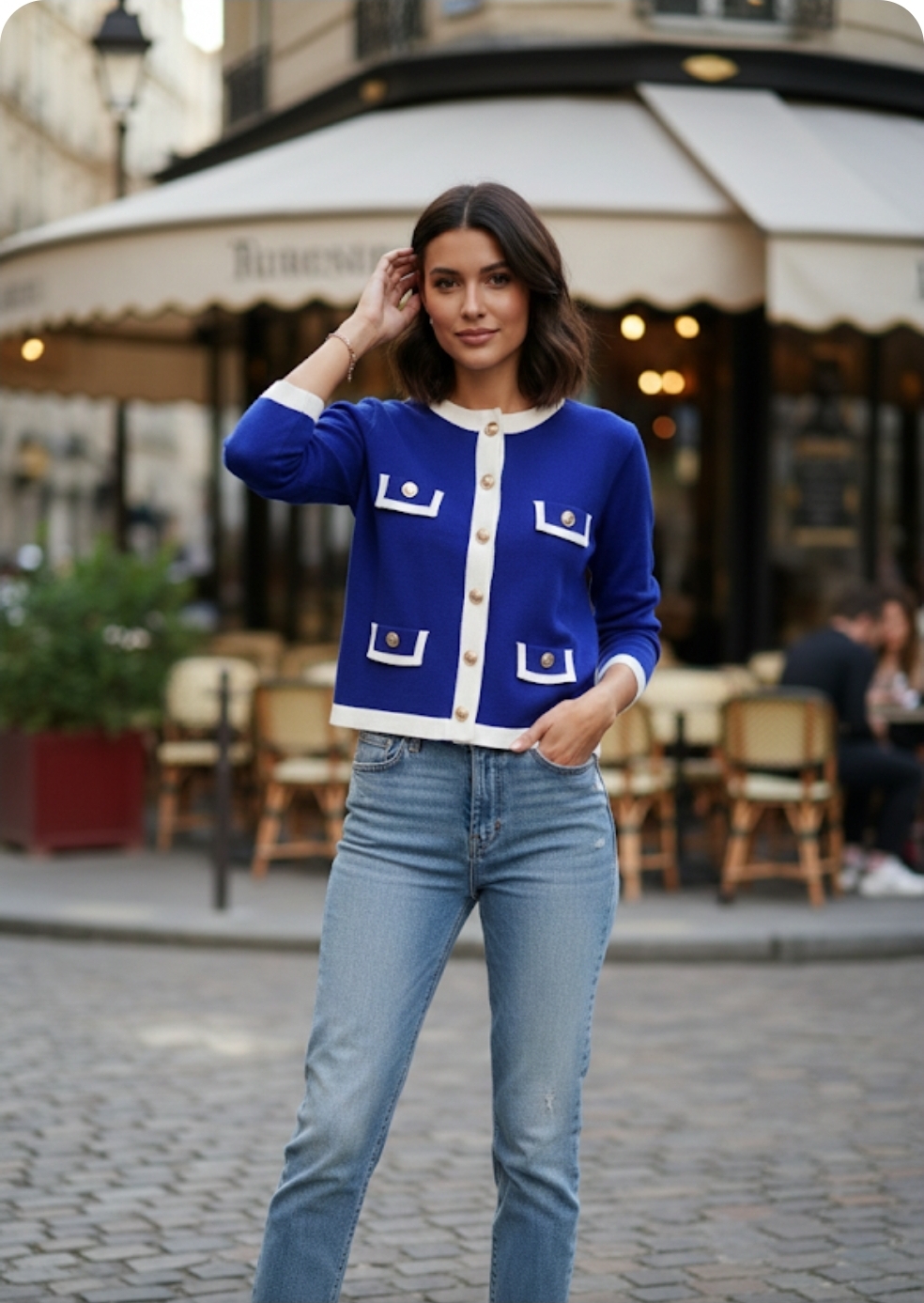 Cardigan Azul com Detalhes Brancos