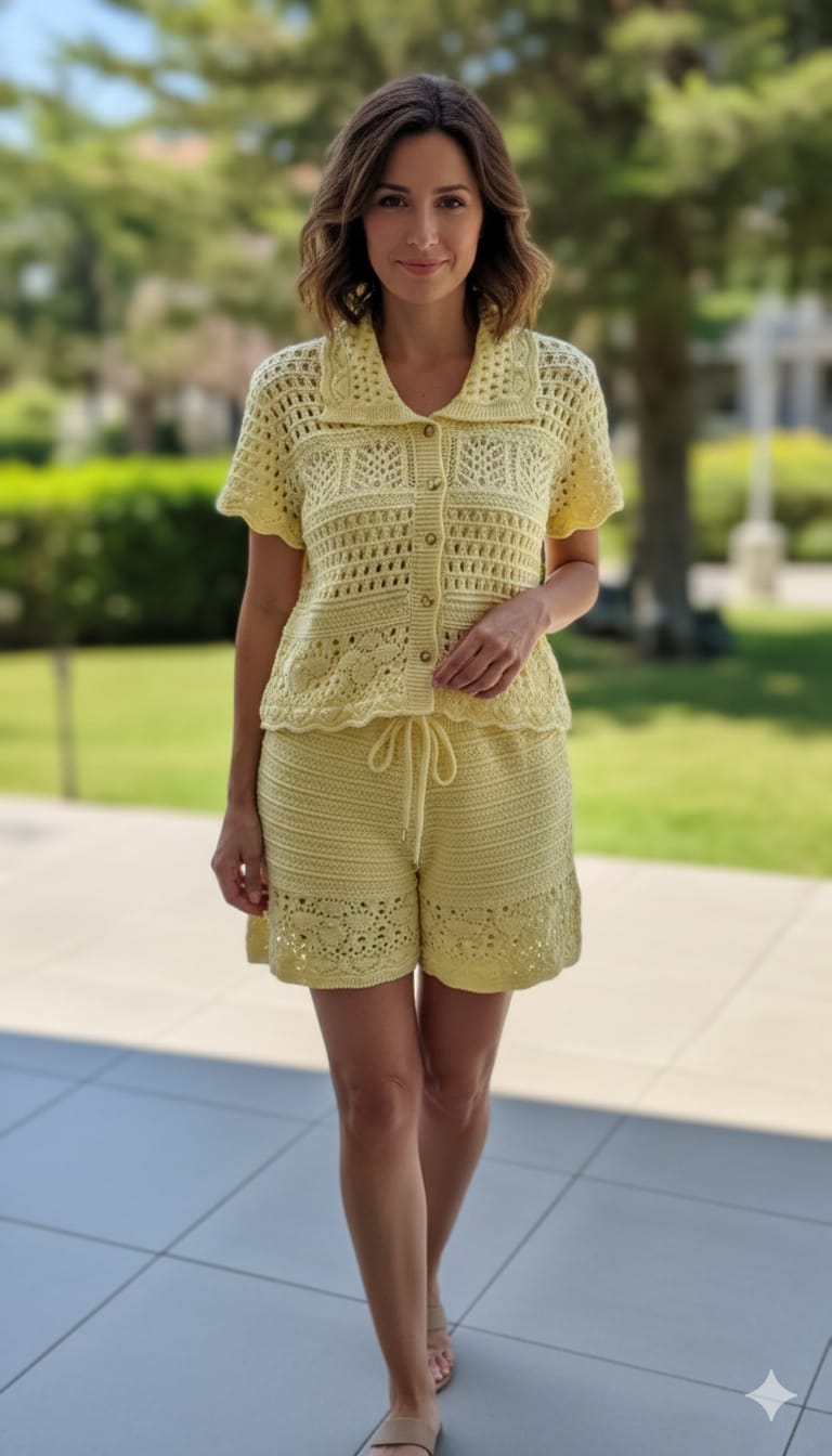 Conjunto feminino de tricot amarelo manteiga