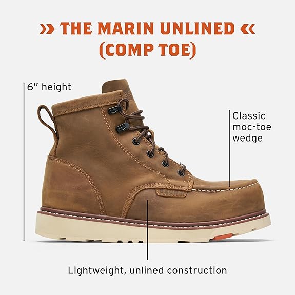 BRUNT Marin Unlined (Comp Toe) - Brown - 6" Lightweight Safety Toe Wedge Work Boot 