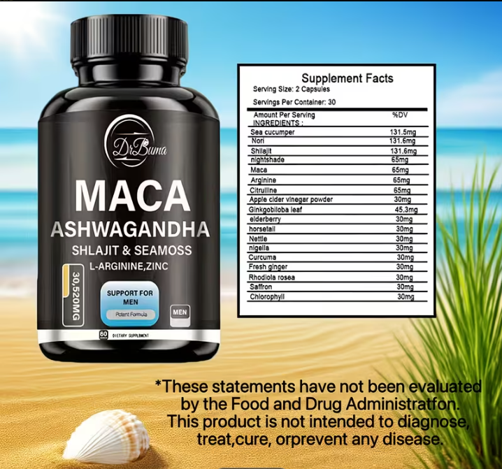 Maca + Ashwagandha + Shilajit + Seamoss + L-Arginina y Zinc