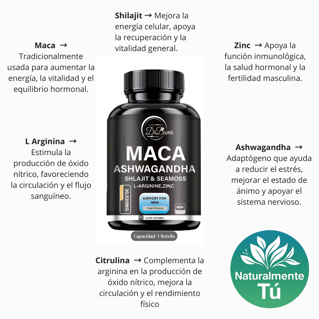 Maca + Ashwagandha + Shilajit + Seamoss + L-Arginina y Zinc
