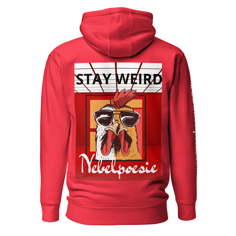 Roter Hoodie mit Huhn-Motiv