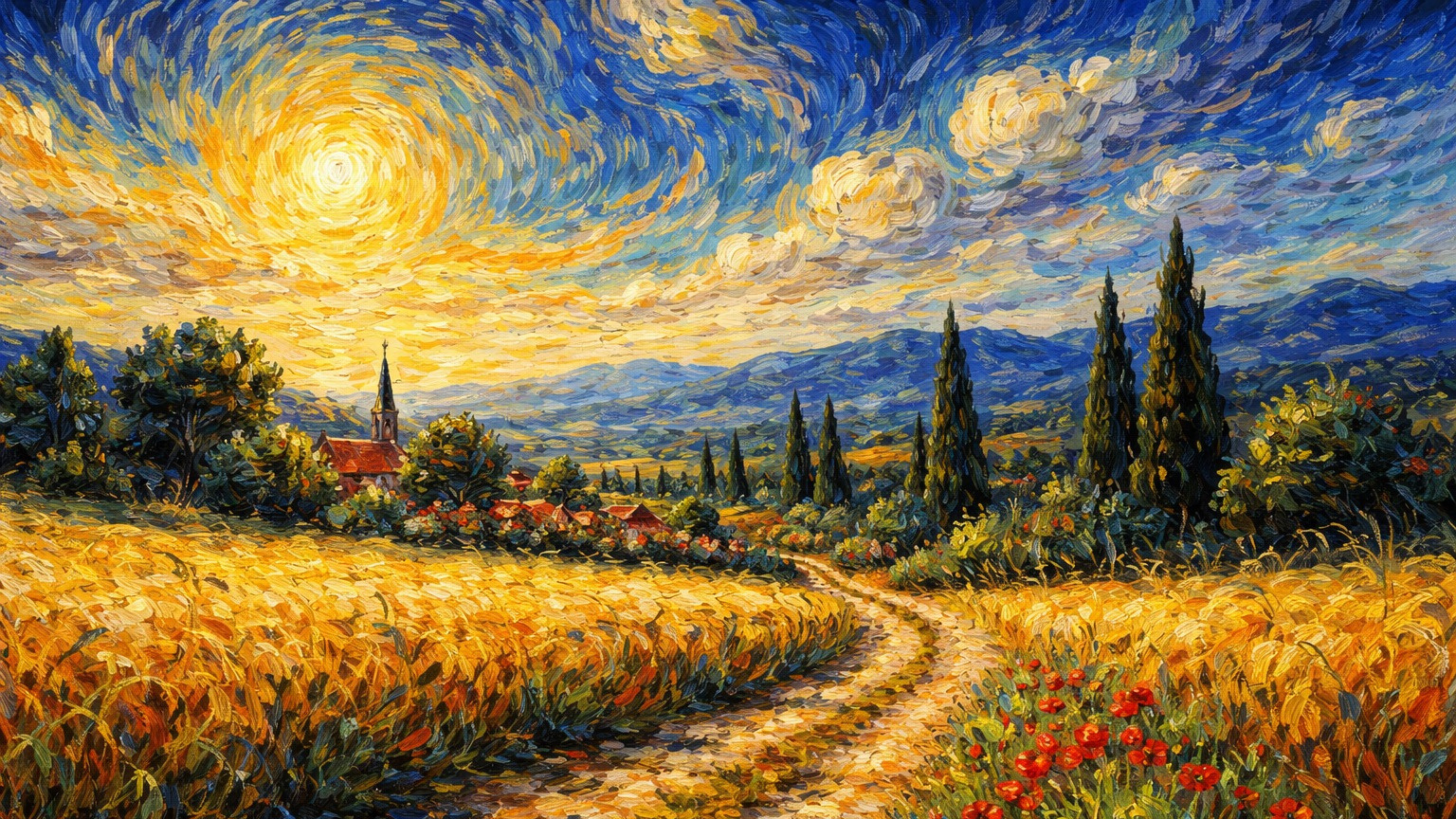 Van Gogh Style Wheat Field with Antique Gold Frame | 4K Digital Art for TV