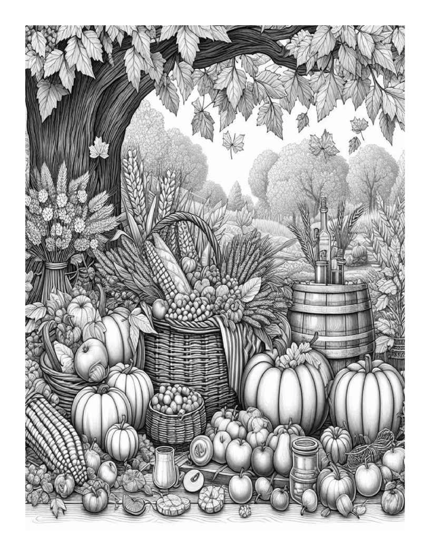 Grayscale Autumn Harvest Scenes Coloring Pages (Printable PDF)