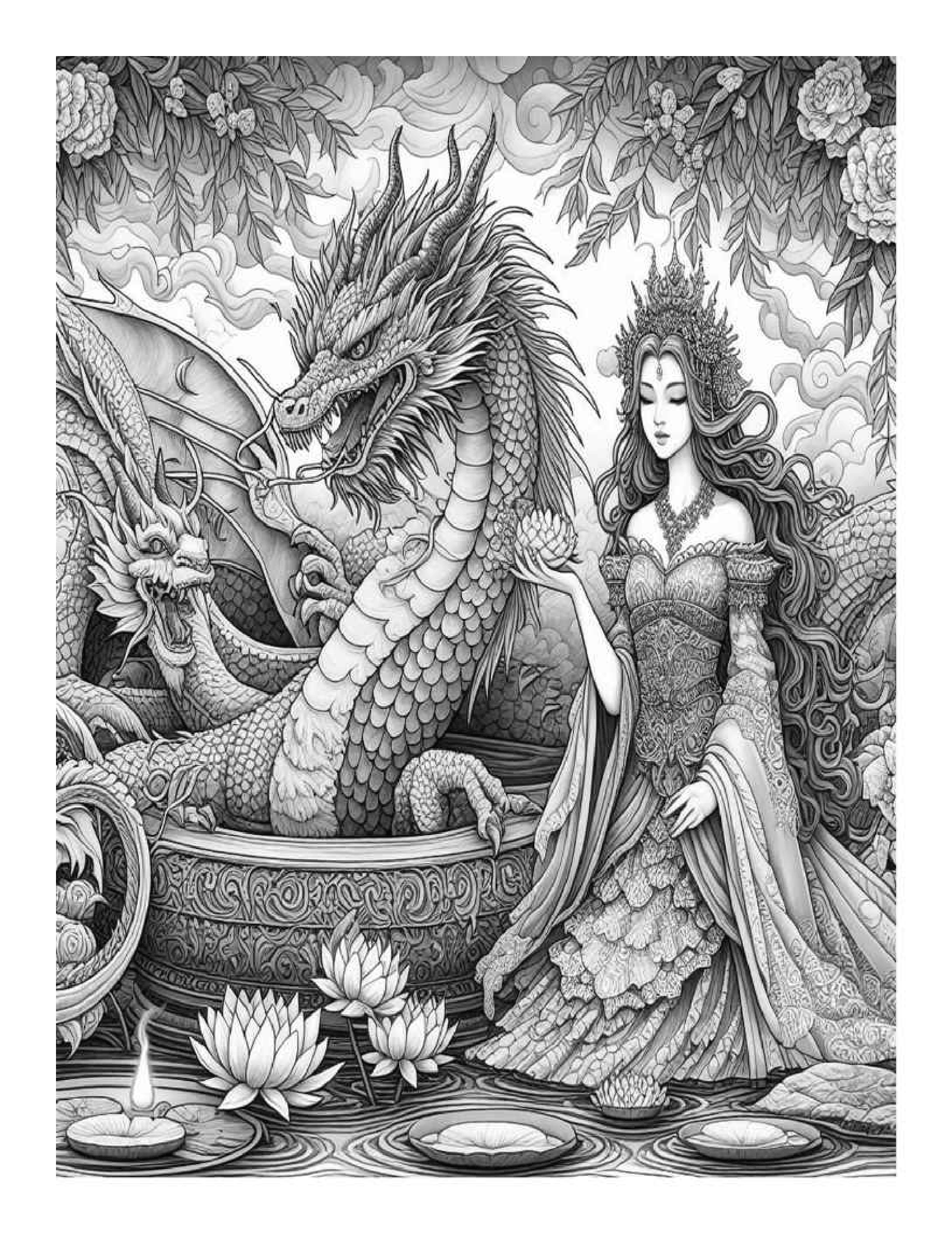 Grayscale The Lady and the Dragon Coloring Pages (Printable PDF)