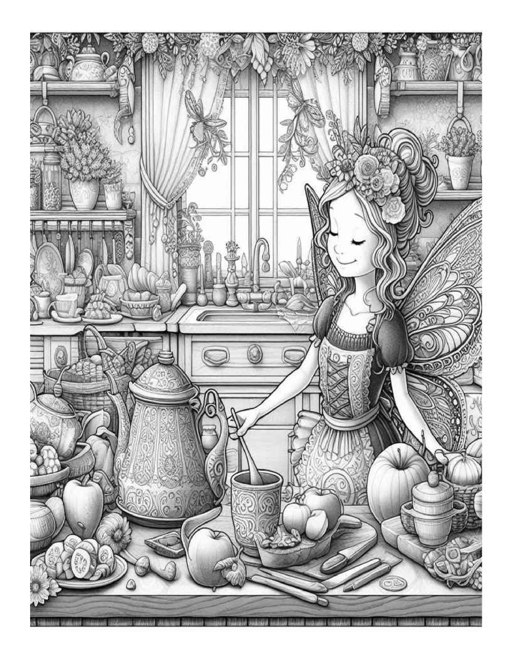 Grayscale Beautiful Fairy Country Kitchen Coloring Pages (Printable PDF)