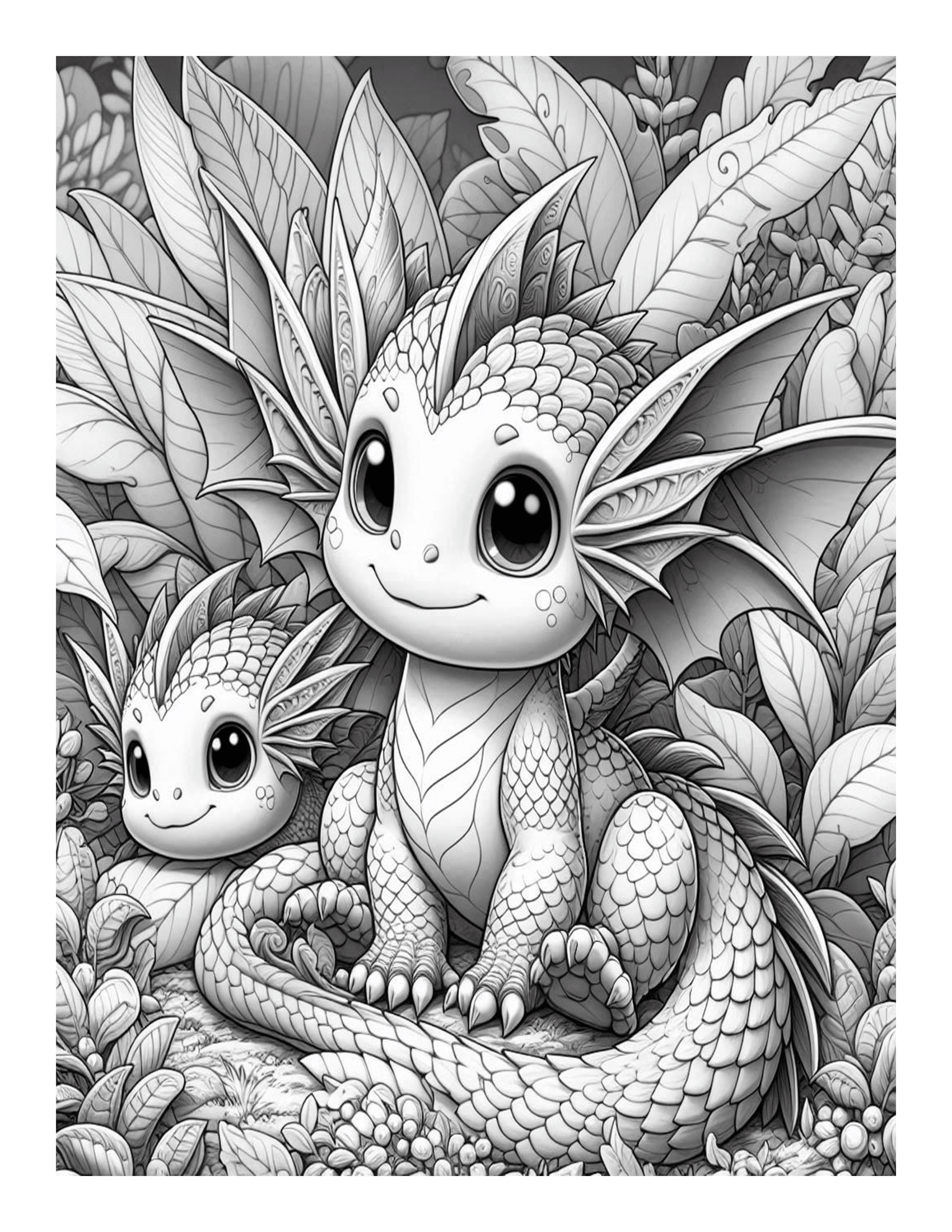 Grayscale Baby Dragons Coloring Pages 