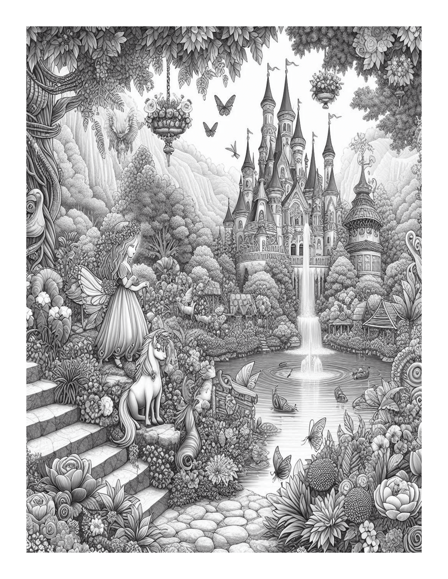 Grayscale Magical Gardens Coloring Pages 