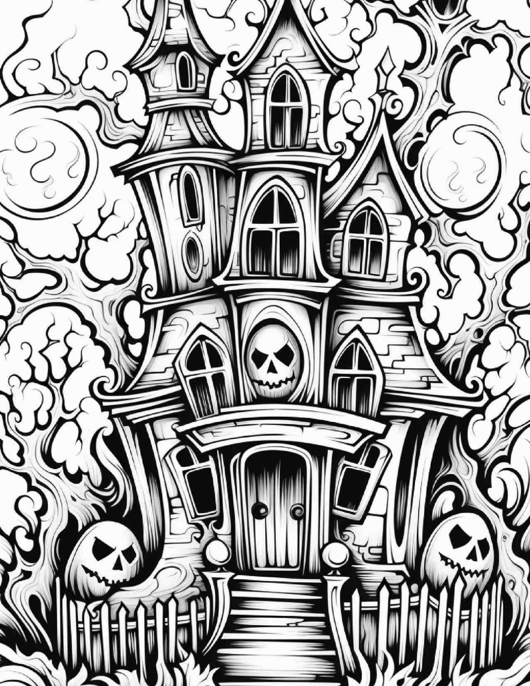 Grayscale Haunted Houses Features 25 Printable Coloring Pages for Adults 