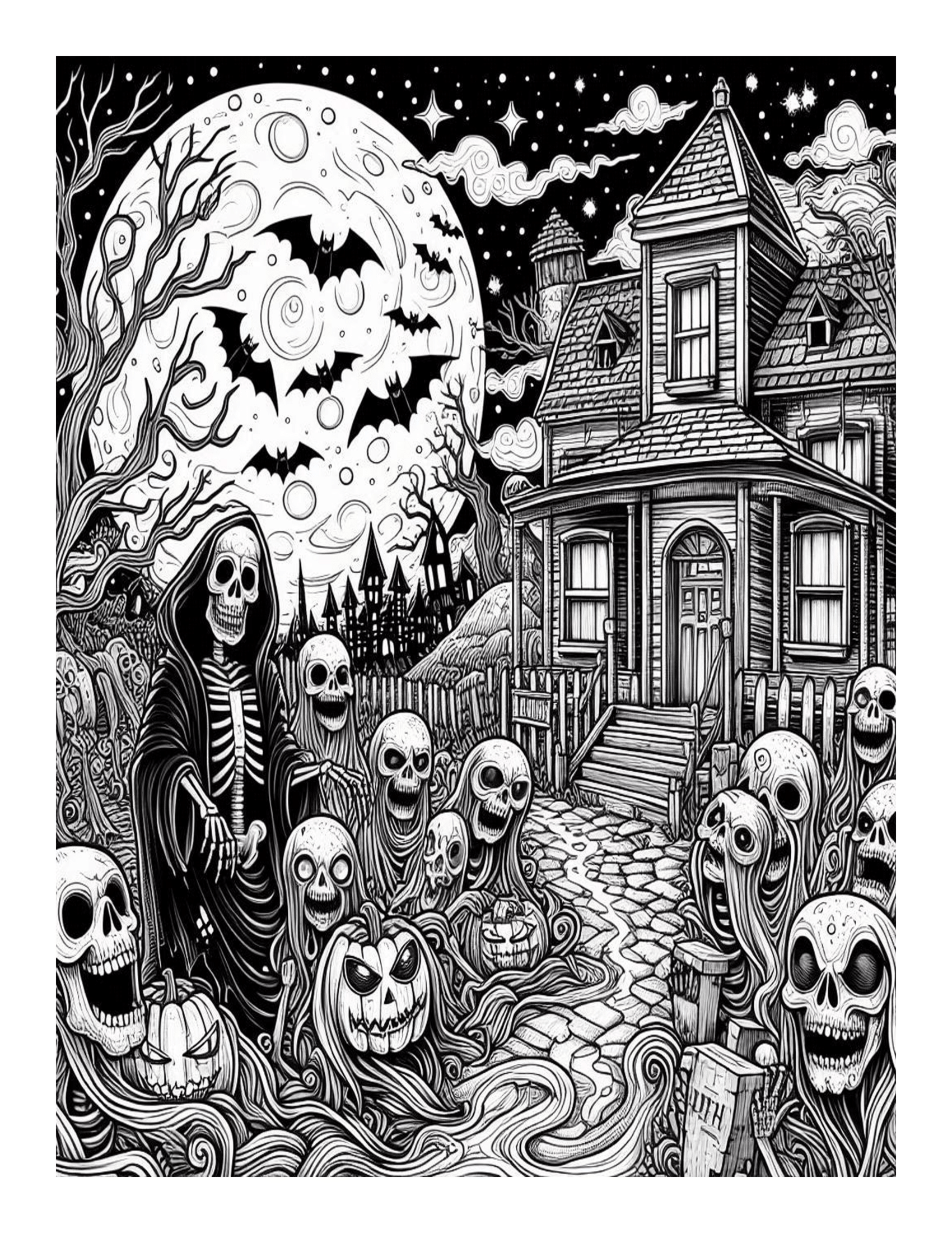 Grayscale Spooky Horror Adventures Coloring Pages 
