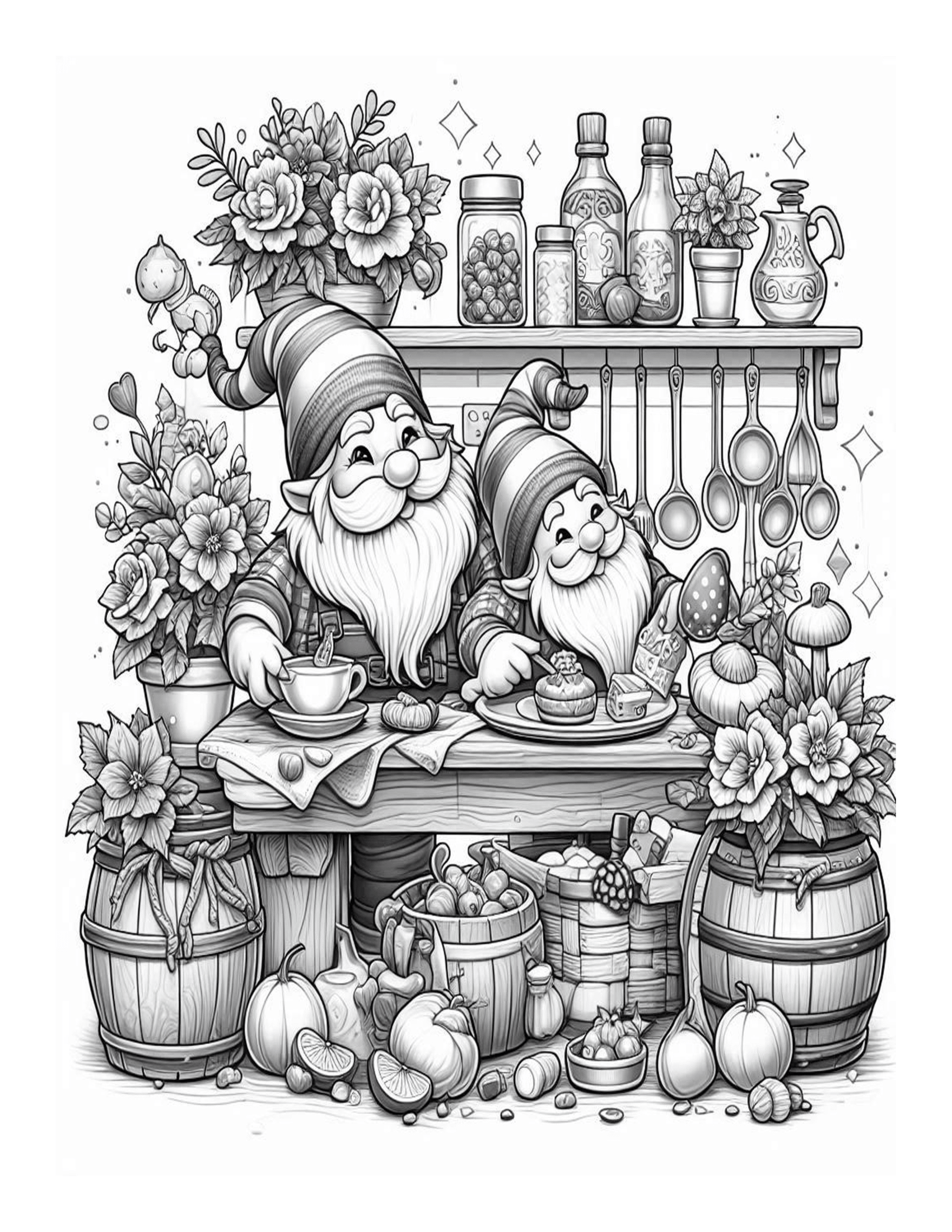 Grayscale Gnomes Country Kitchen Coloring Pages 