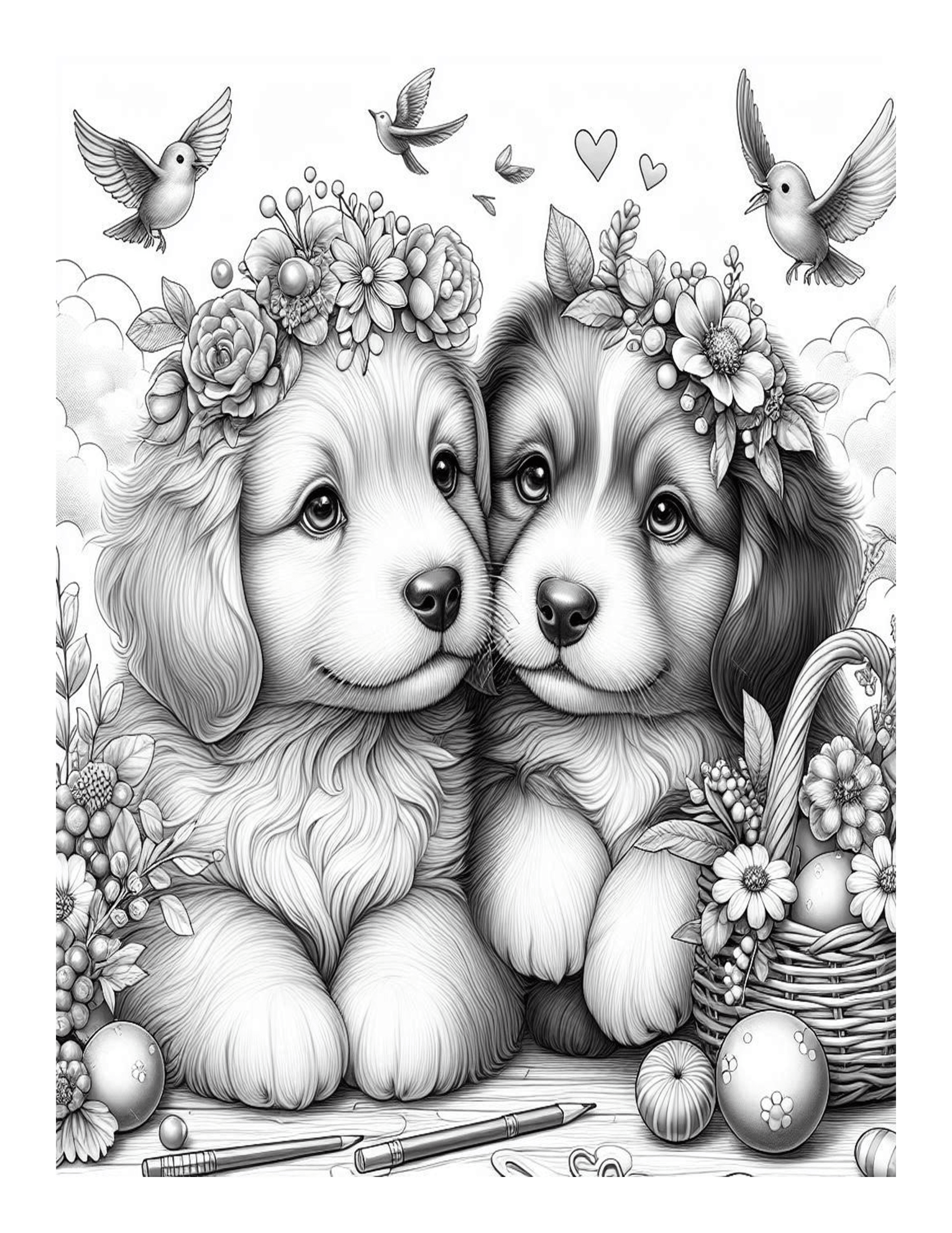 Grayscale Beautiful Dogs and Puppies Coloring Pages