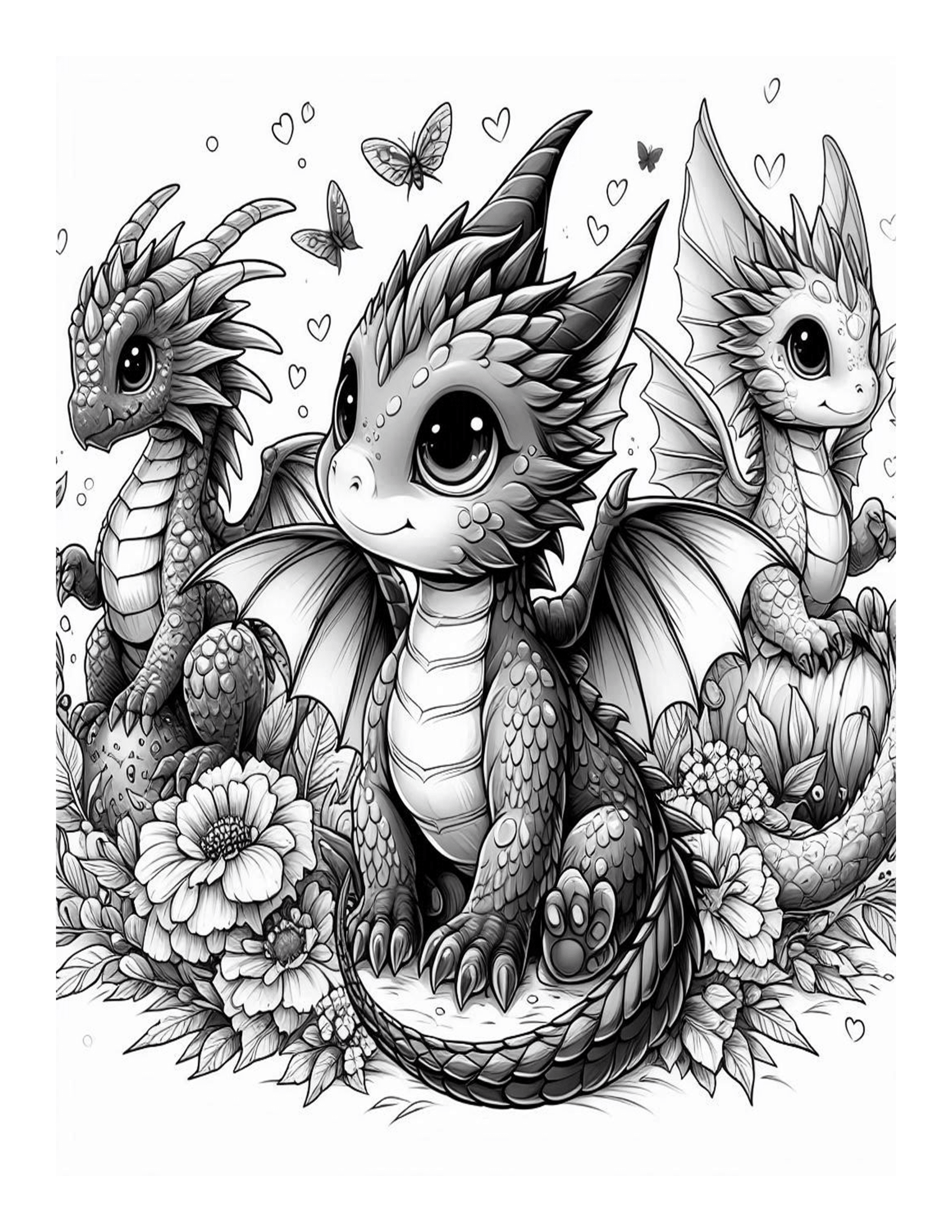 Grayscale Baby Dragons Coloring Pages 