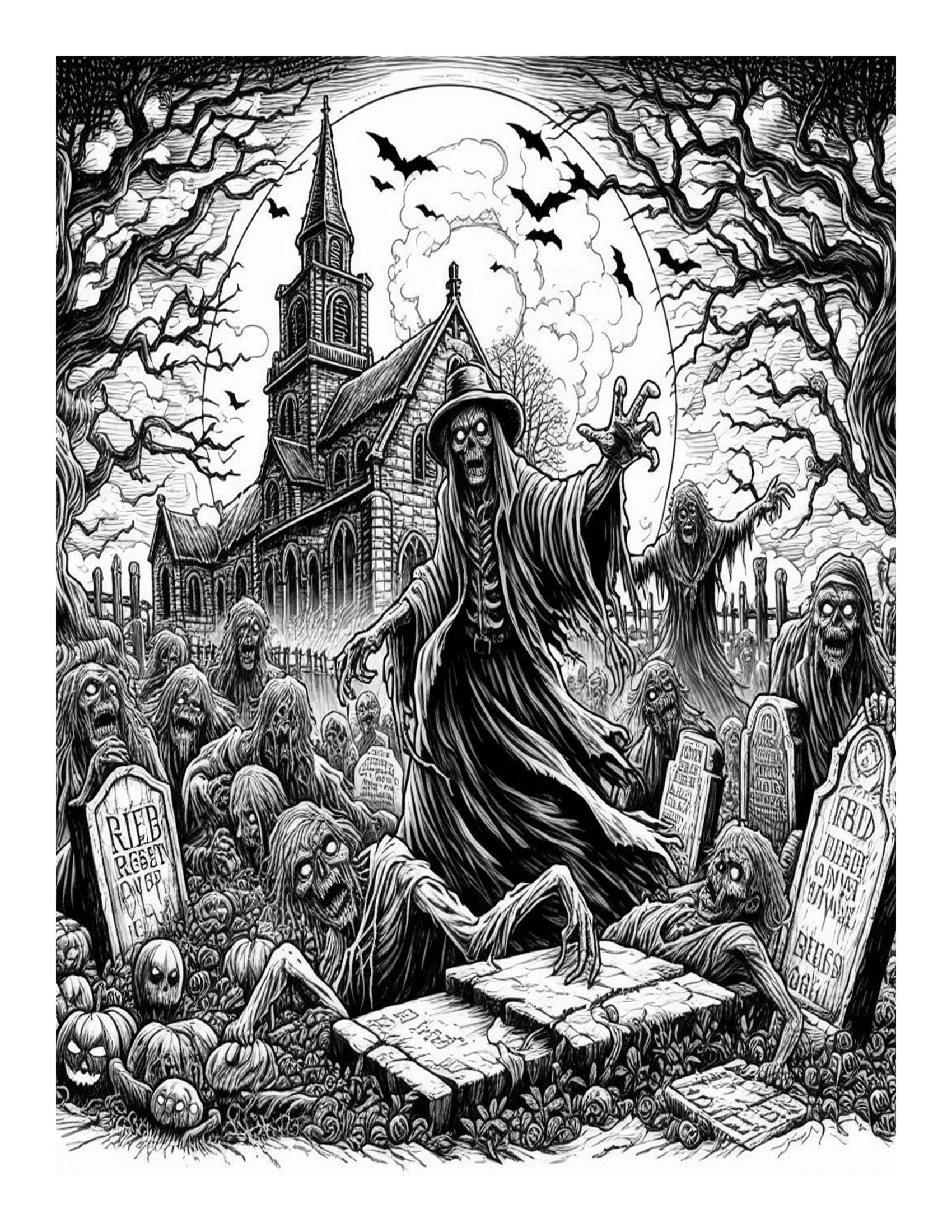 Grayscale The Graveyard Horror Coloring Pages 