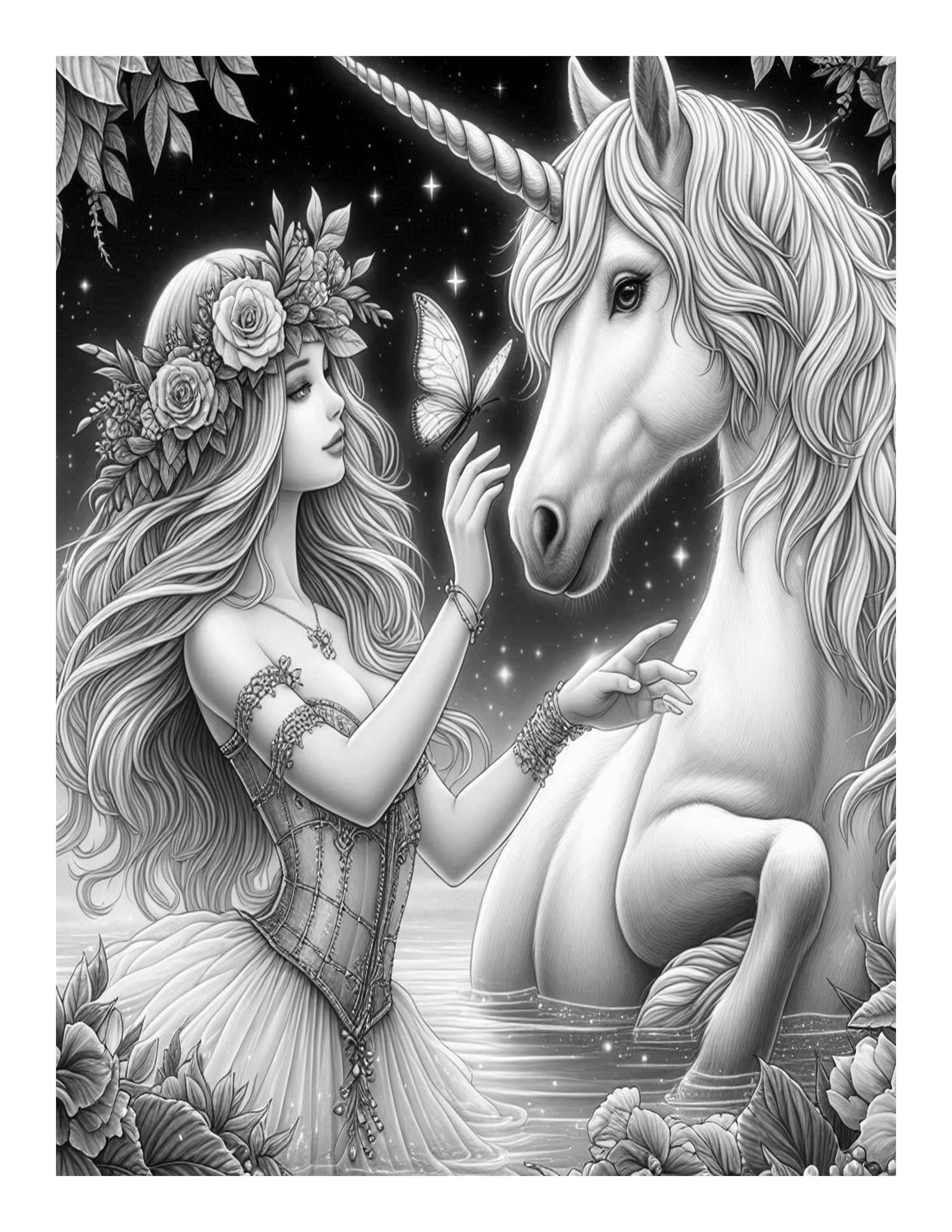Grayscale Fairy and the Unicorn Coloring Pages 
