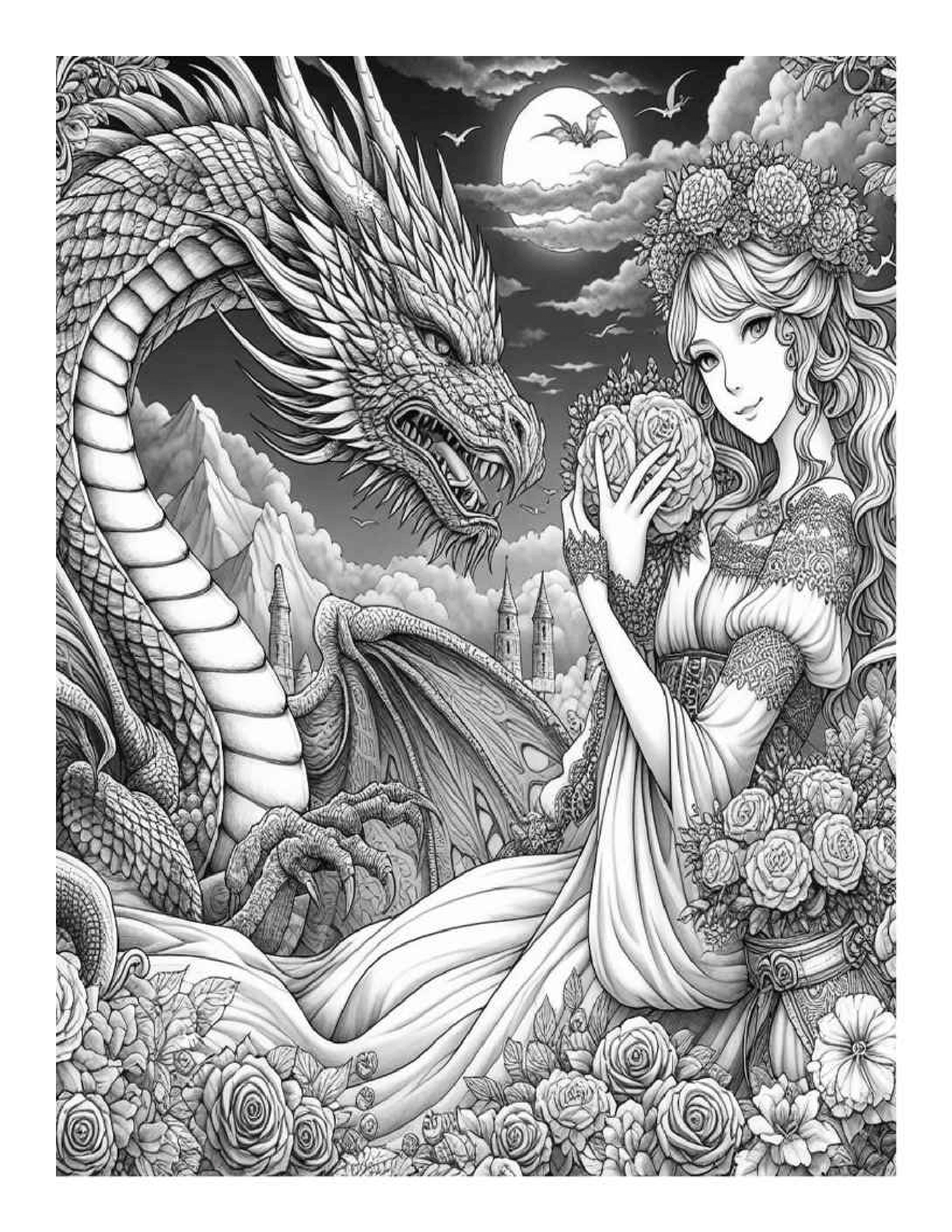 Grayscale The Lady and the Dragon Coloring Pages (Printable PDF)