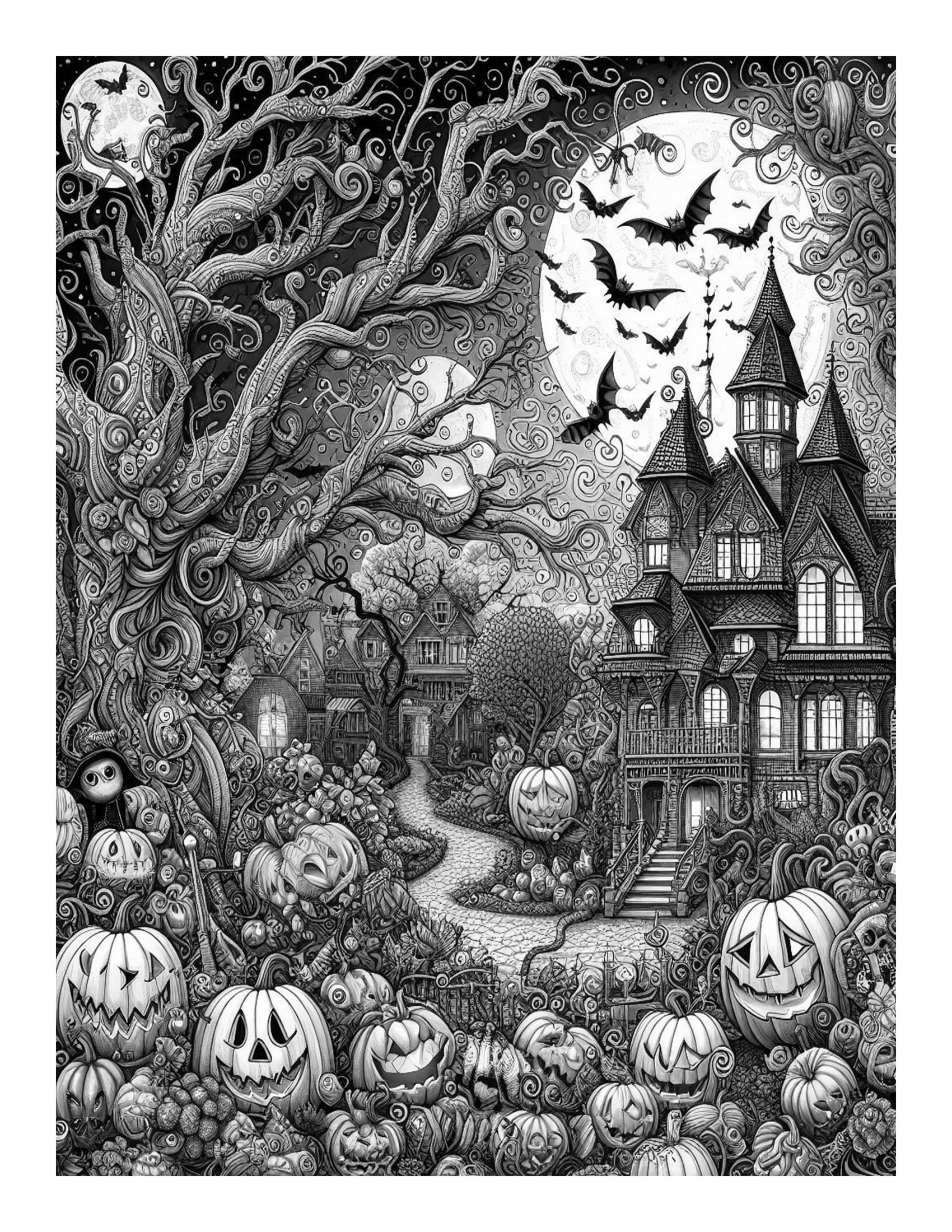 Grayscale Halloween Horror Coloring Pages 