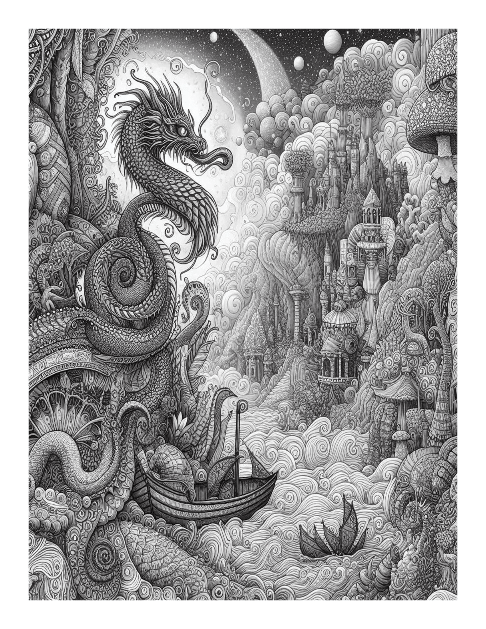 Grayscale Dreamscapes Adventures Coloring Pages 