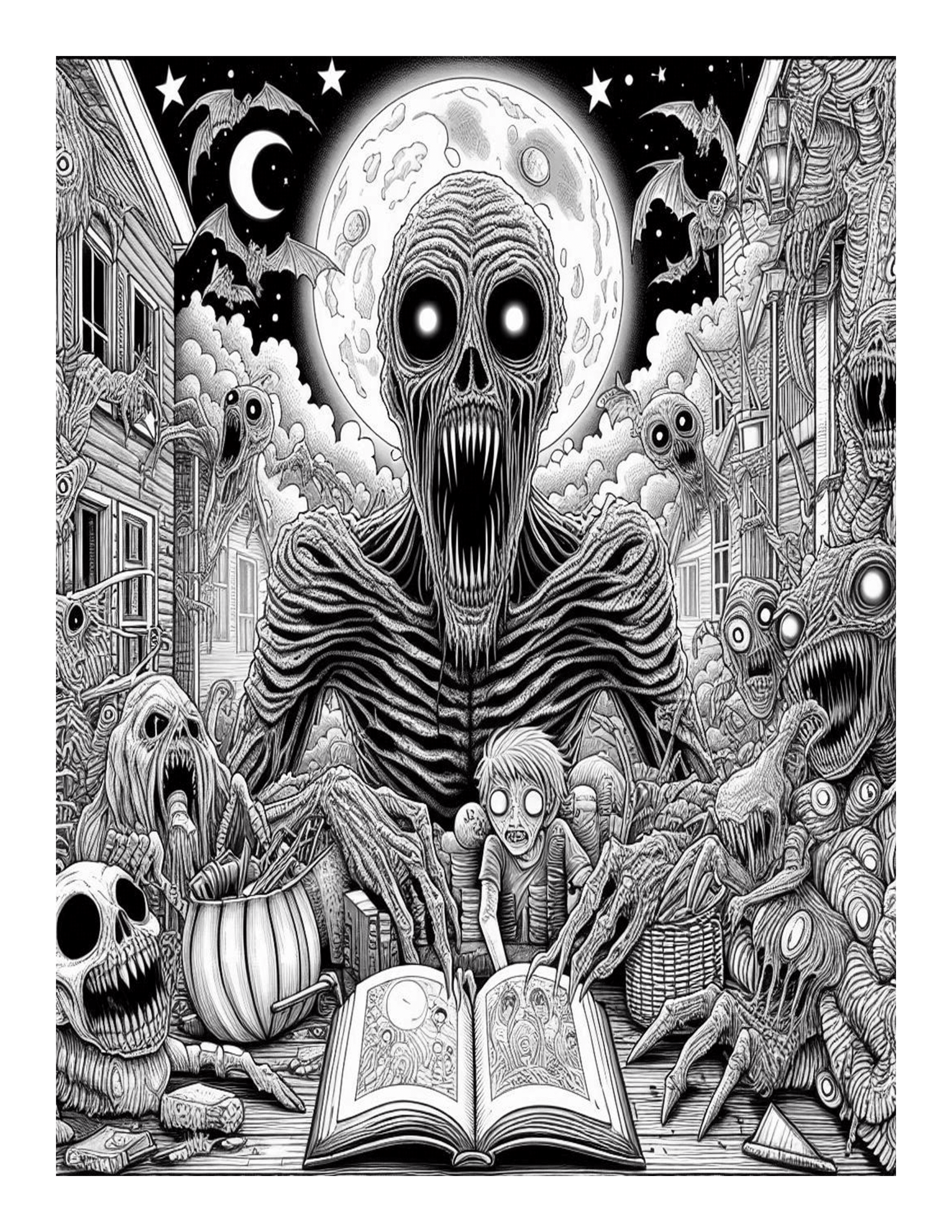 Grayscale Nightmare Horror Coloring Pages 