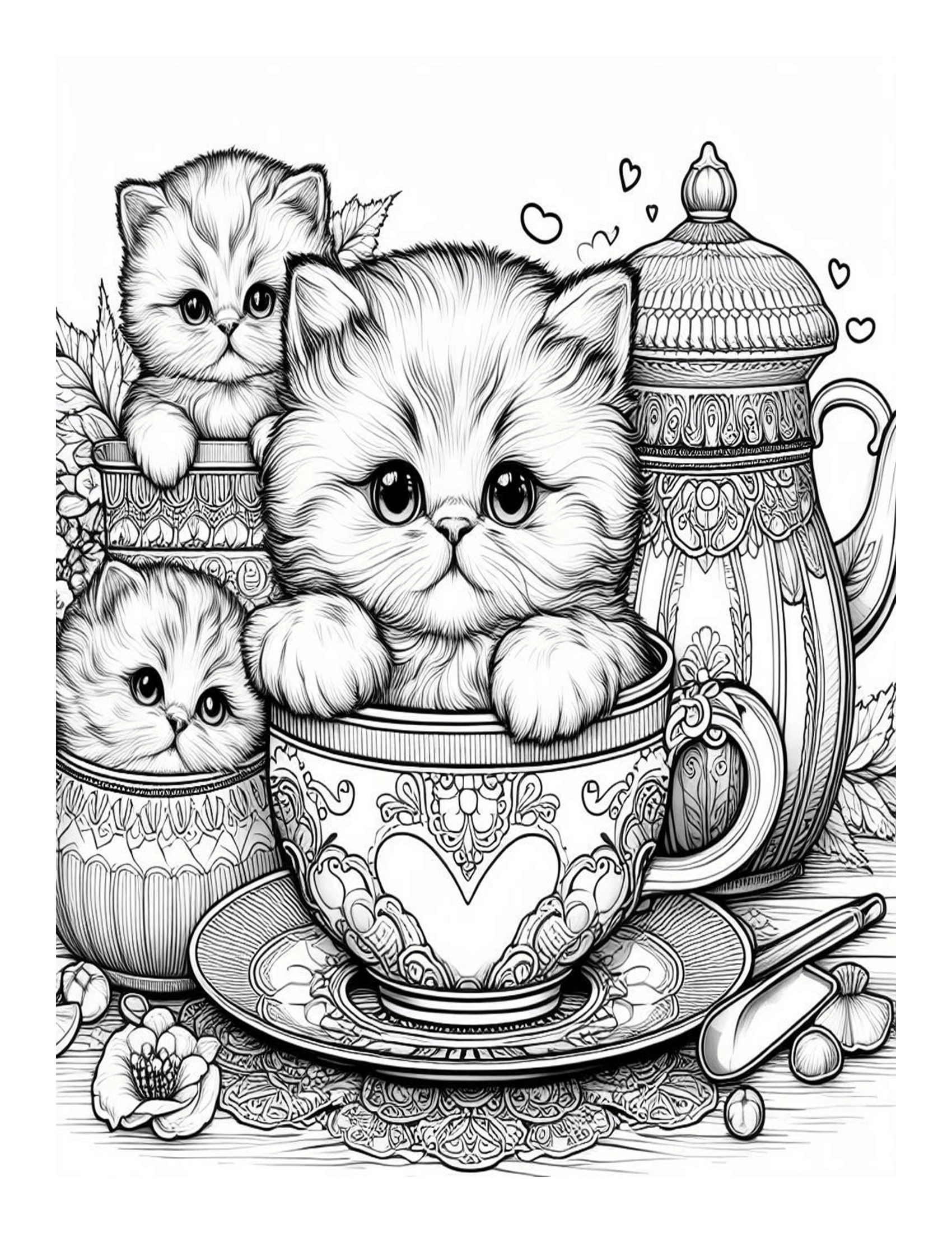 Grayscale Teacup Kittens Coloring Pages 