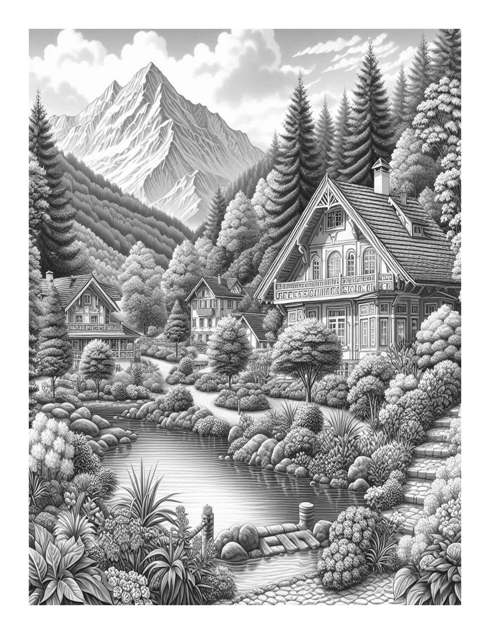Grayscale Beautiful Gardens Coloring Pages 