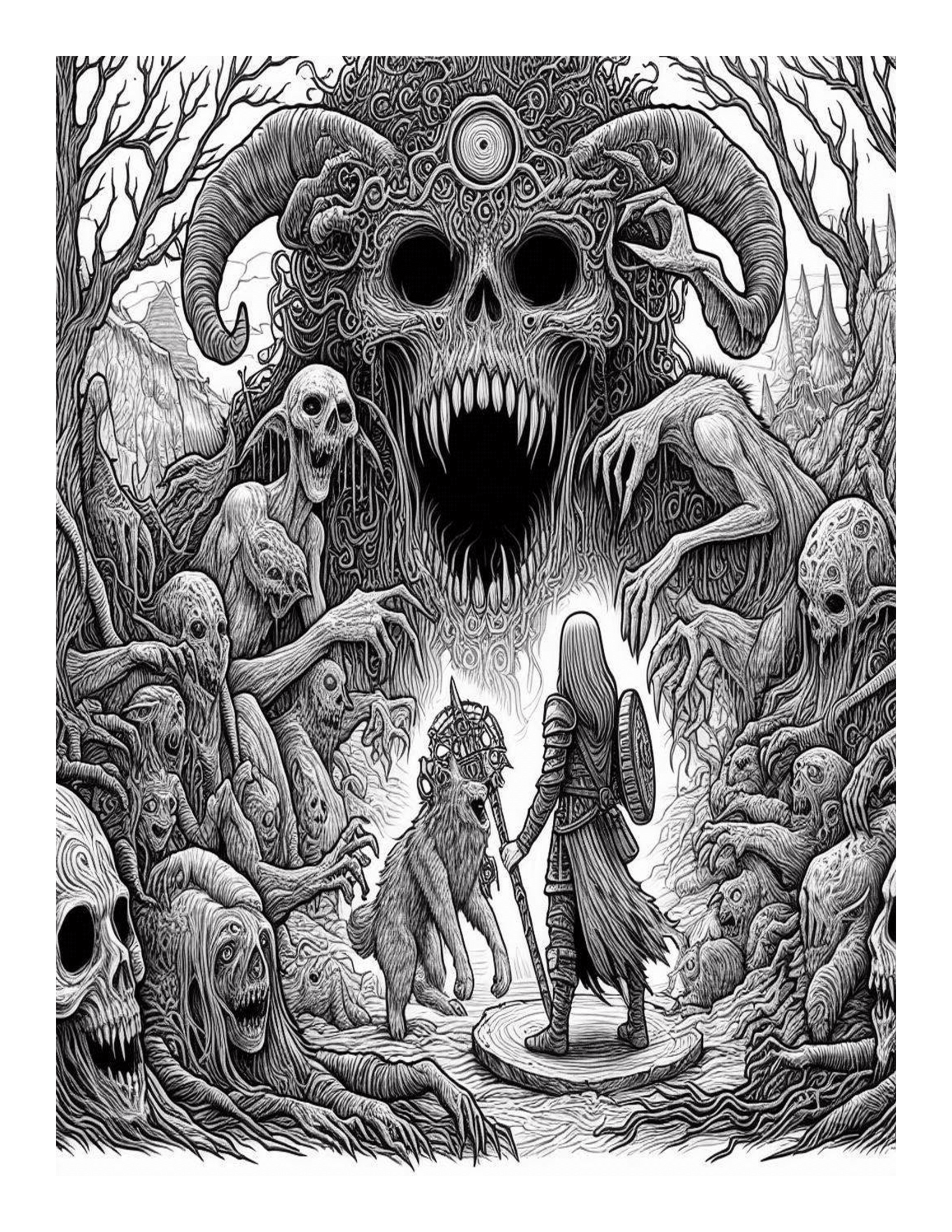 Grayscale Fantasy Horror Coloring Pages 