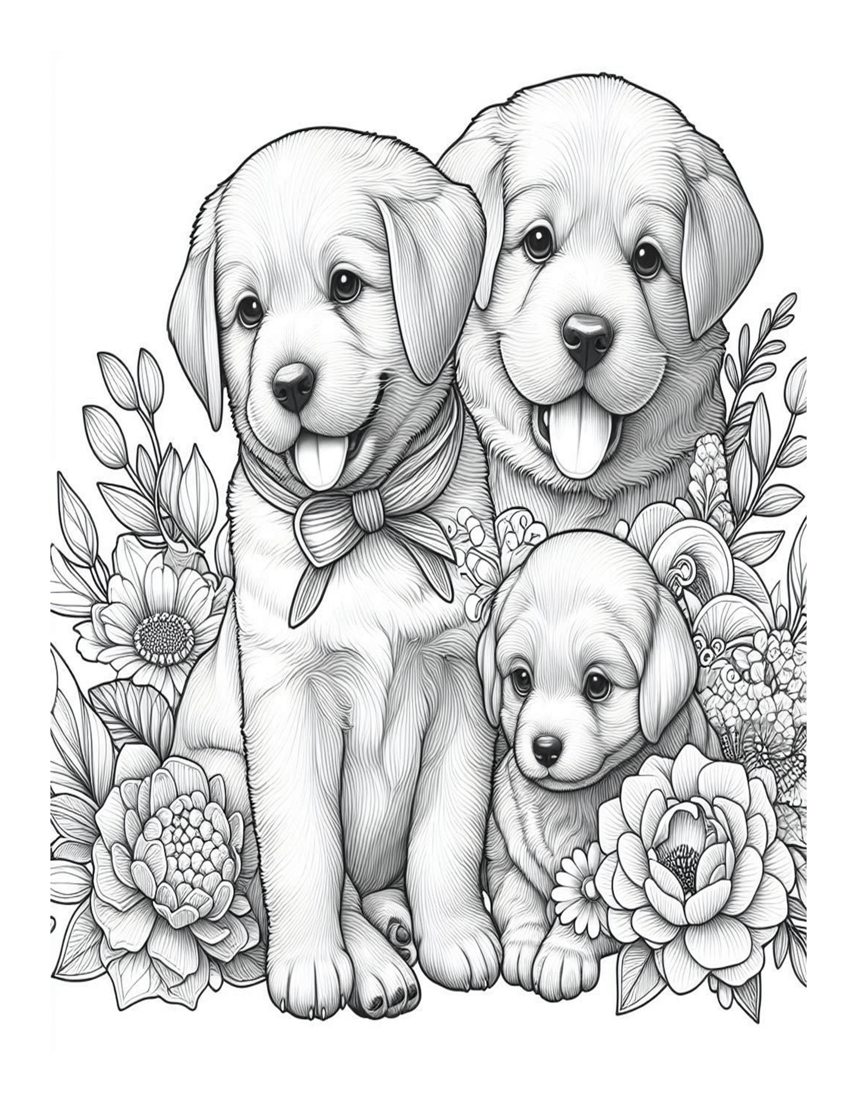 Grayscale Beautiful Dogs and Puppies Coloring Pages 