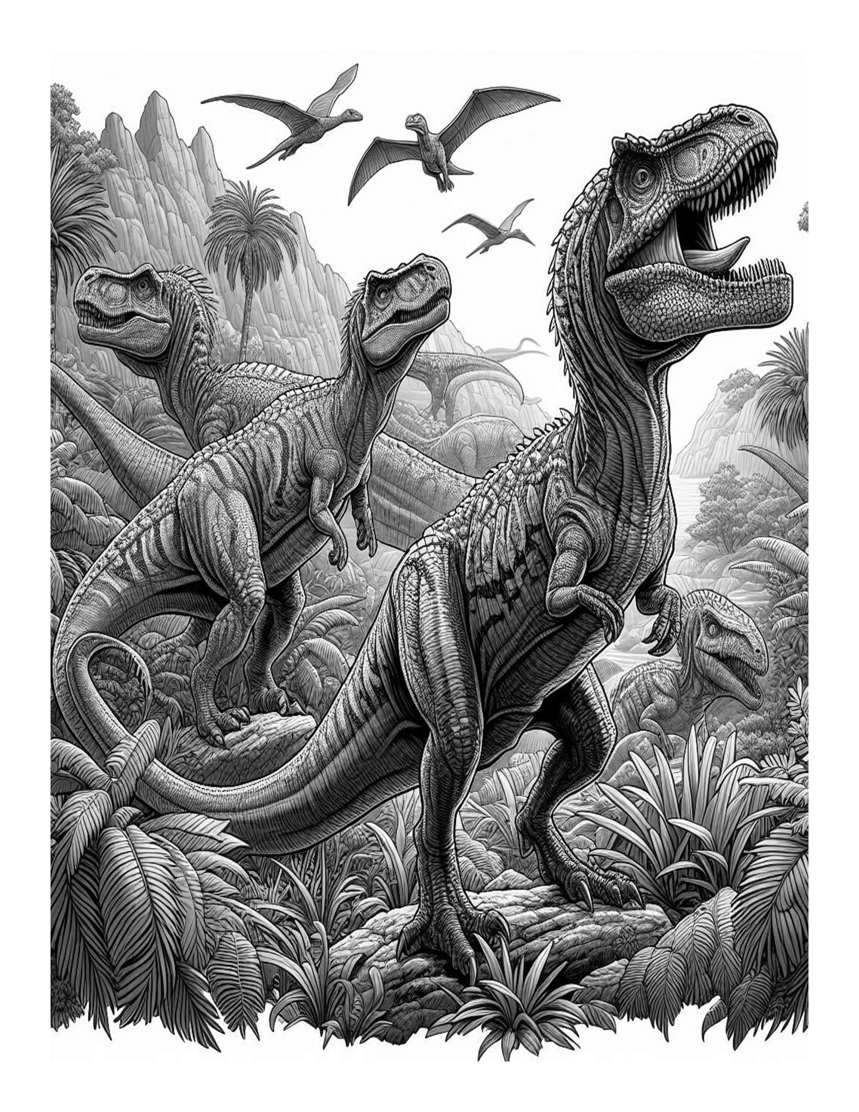 Grayscale Jurassic Dinosaurs Coloring Pages 
