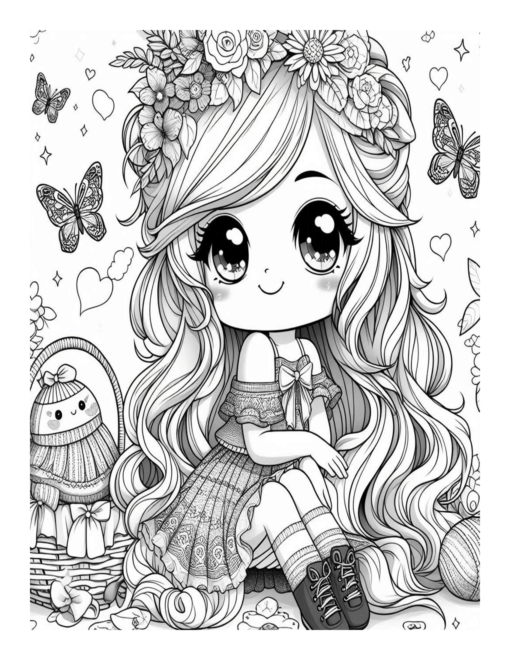 Grayscale Cute Little Girl's Coloring Pages 