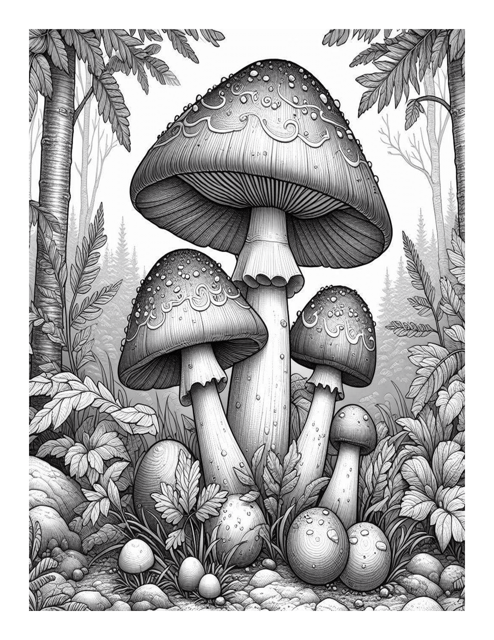 Grayscale Mushroom Designs Coloring Pages 