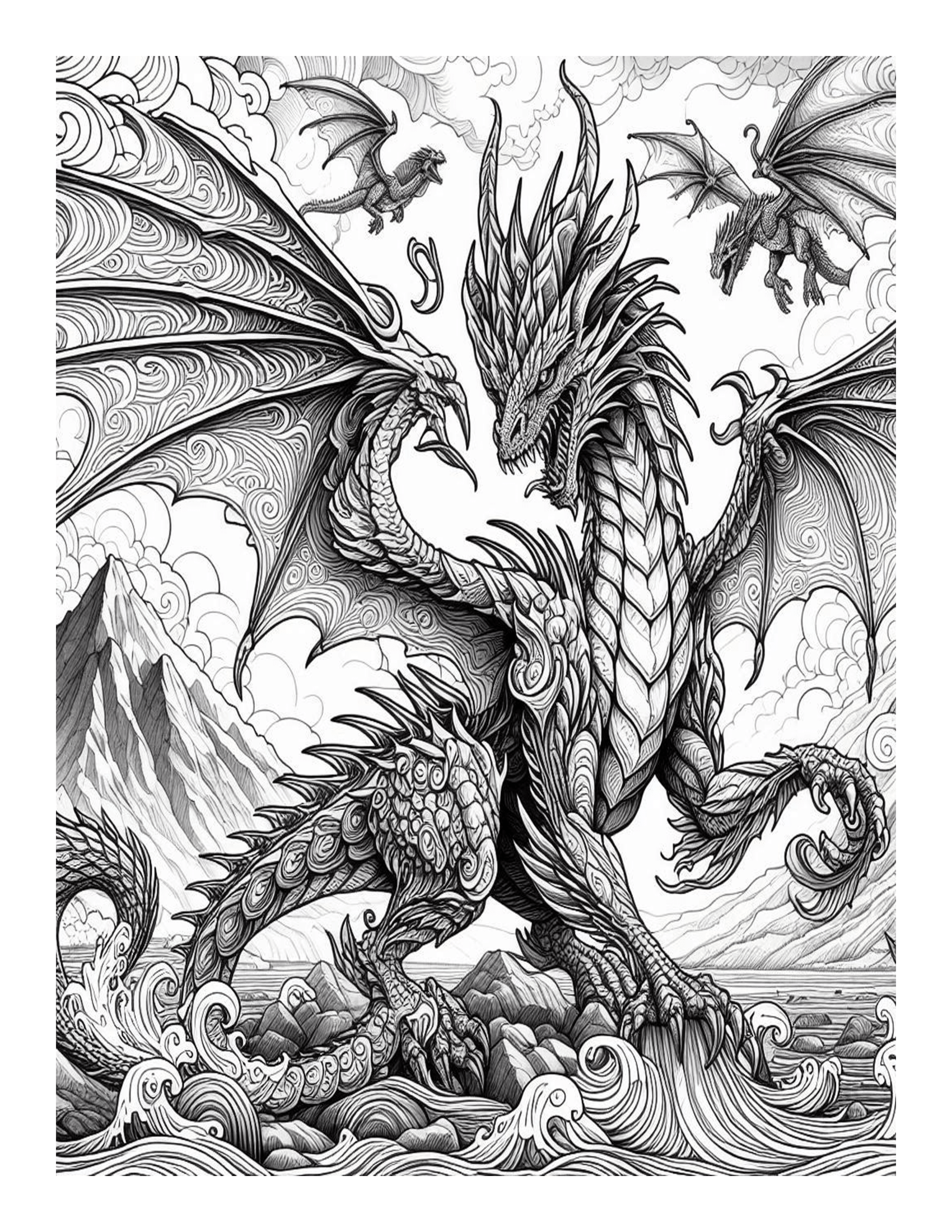 Grayscale Fantasy Dragon Coloring Pages 