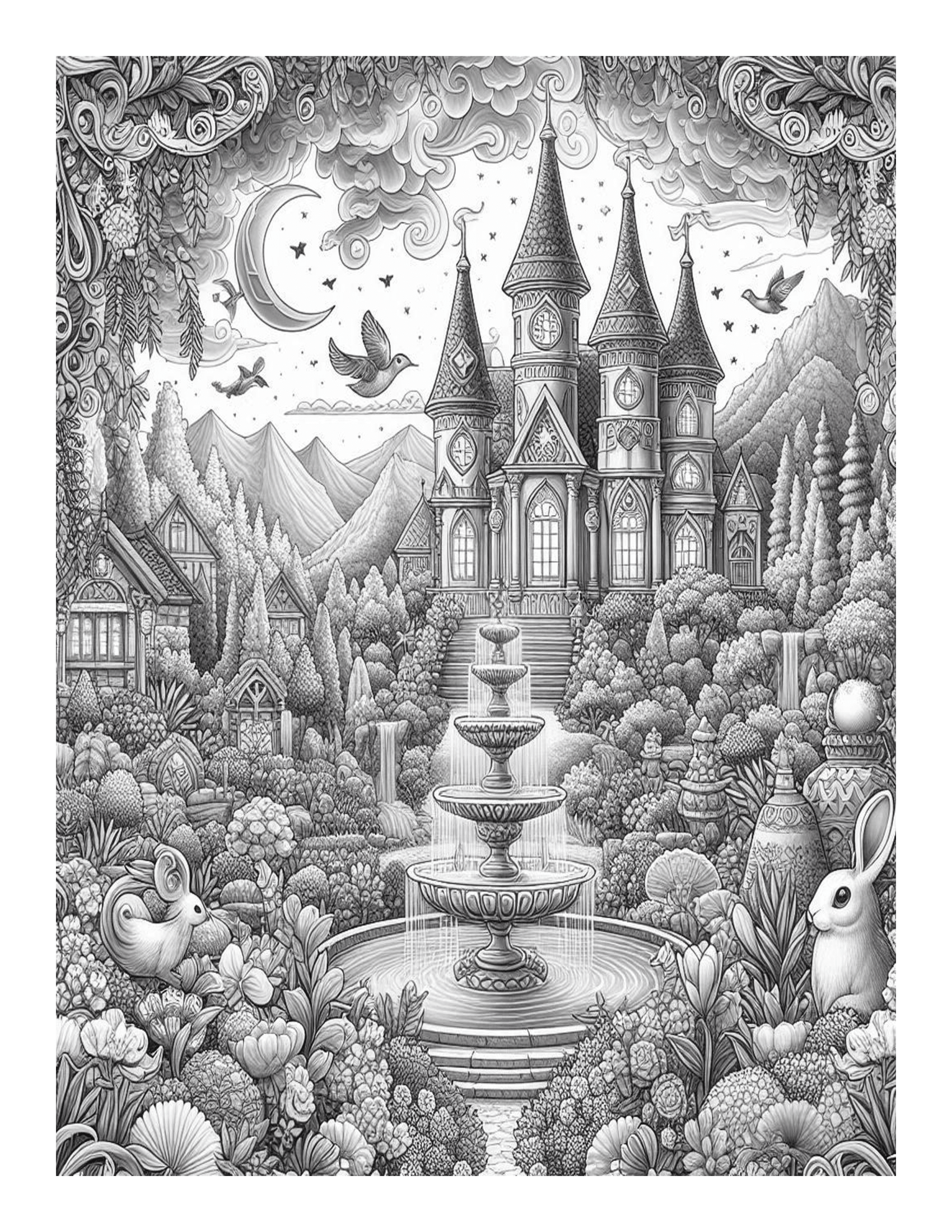 Grayscale Magical Gardens Coloring Pages