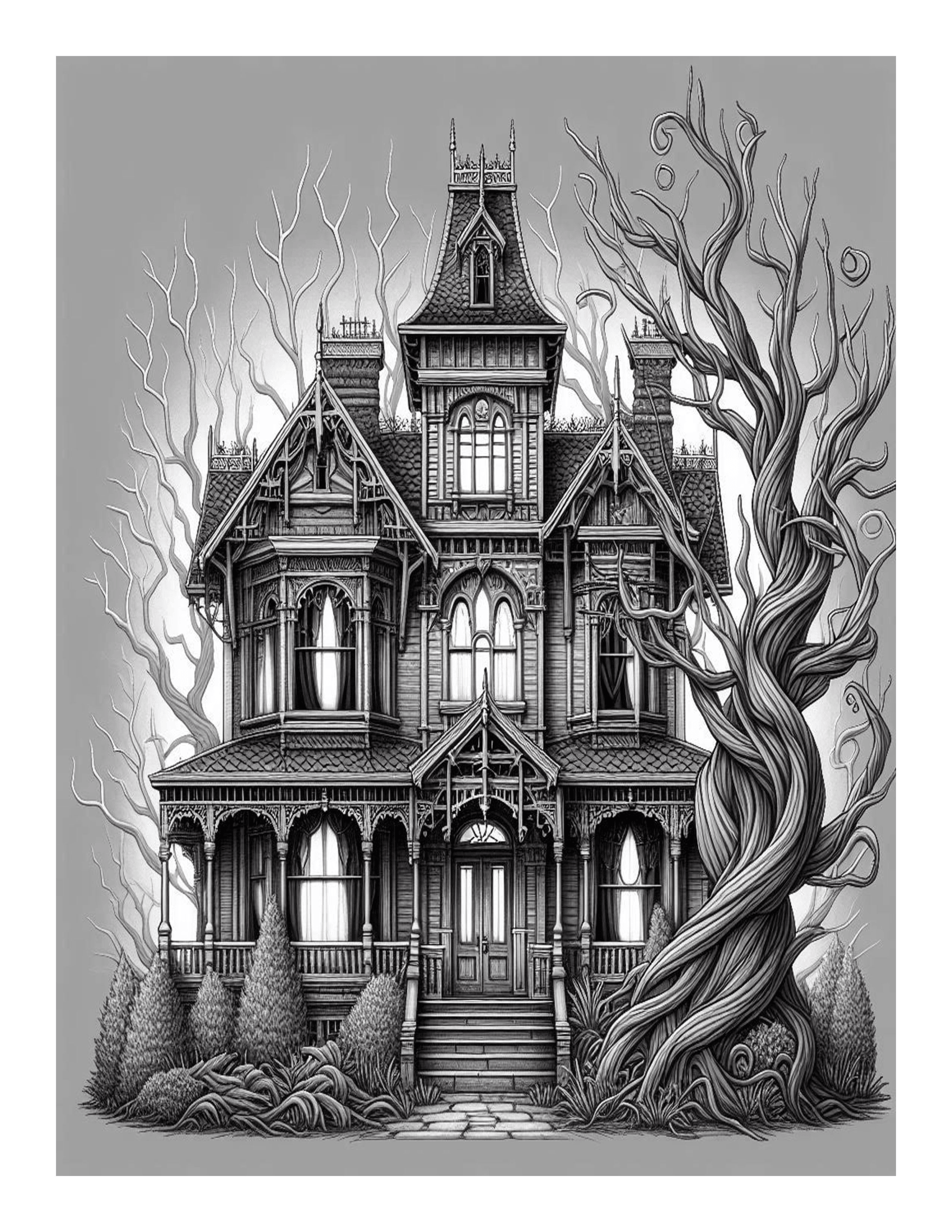 Grayscale Haunted Houses Coloring Pages: Features 25 Printable Coloring Pages