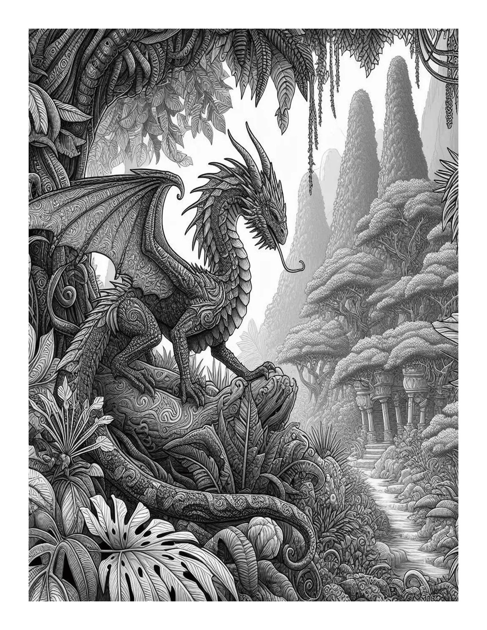 Grayscale Dragon Adventures of the Jungle Features 25 Printable Coloring Pages for Adults