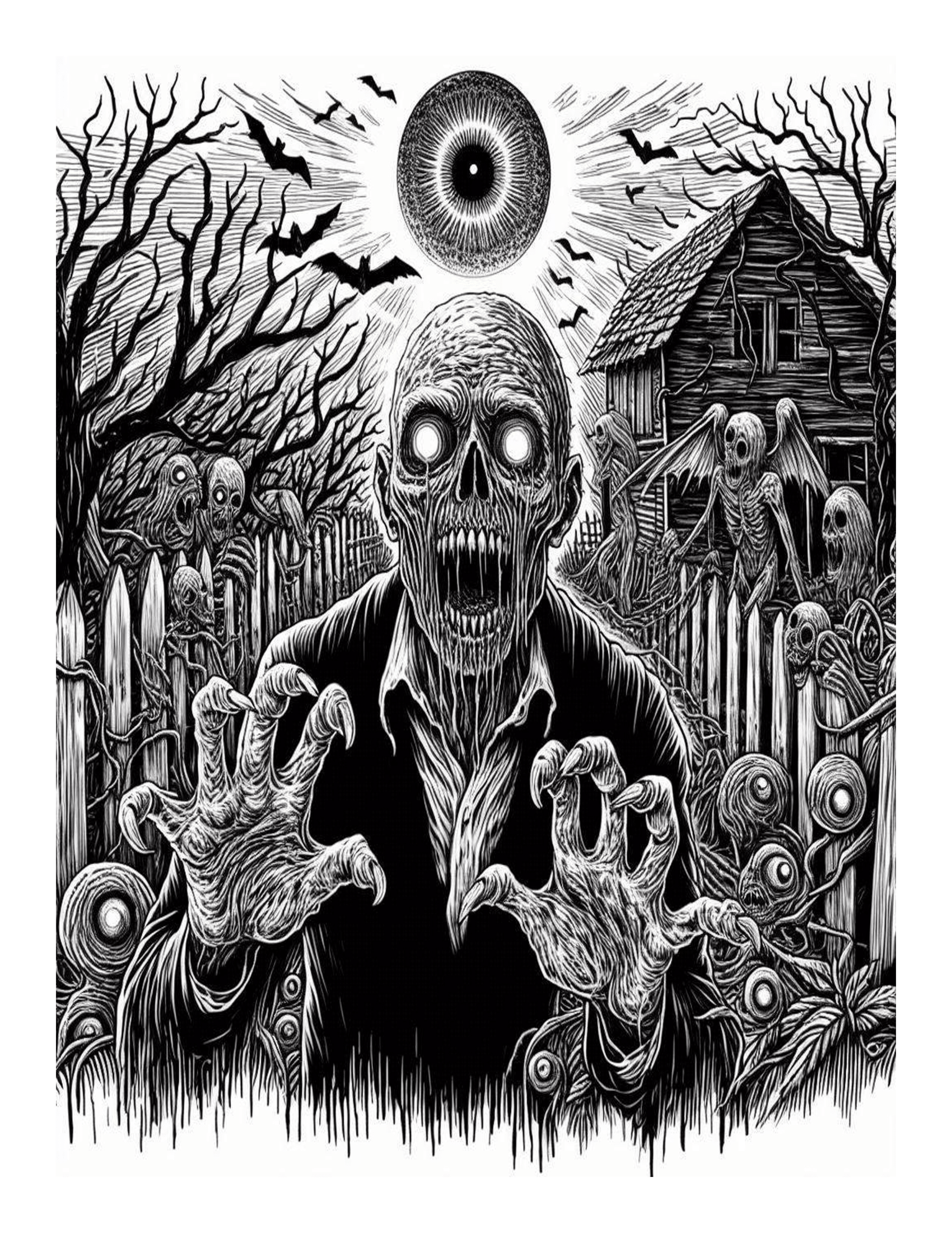 Grayscale Terrifying Horror Coloring Pages 