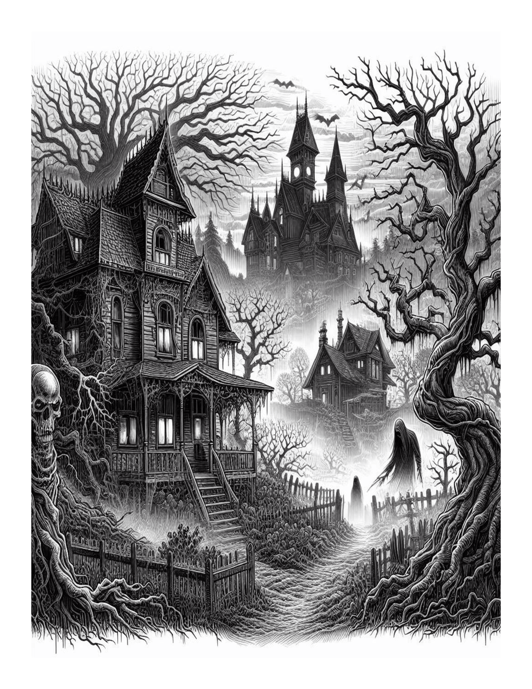 Grayscale Chilling Horror Features 25 Printable Coloring Pages for Adults 