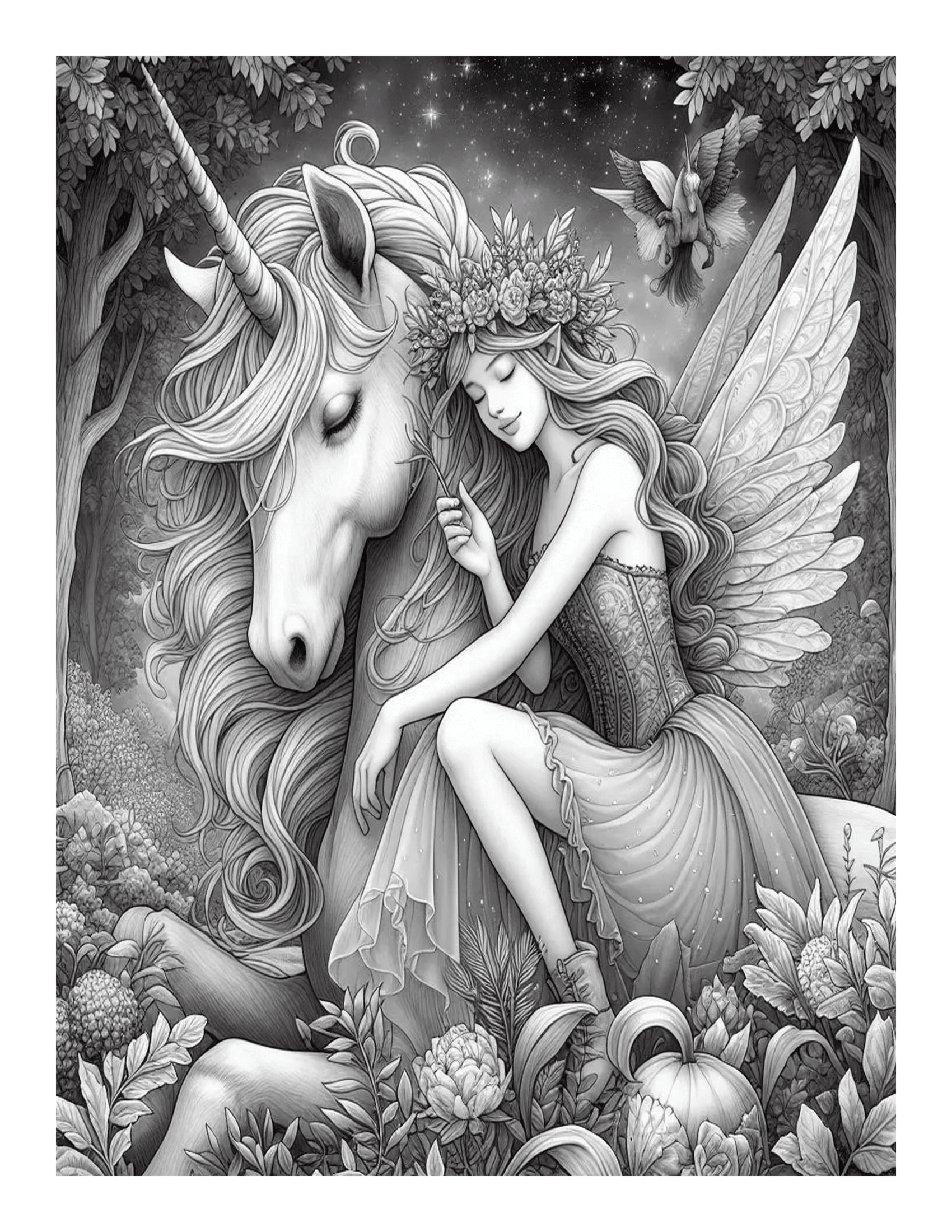 Grayscale Fairy and the Unicorn Coloring Pages 
