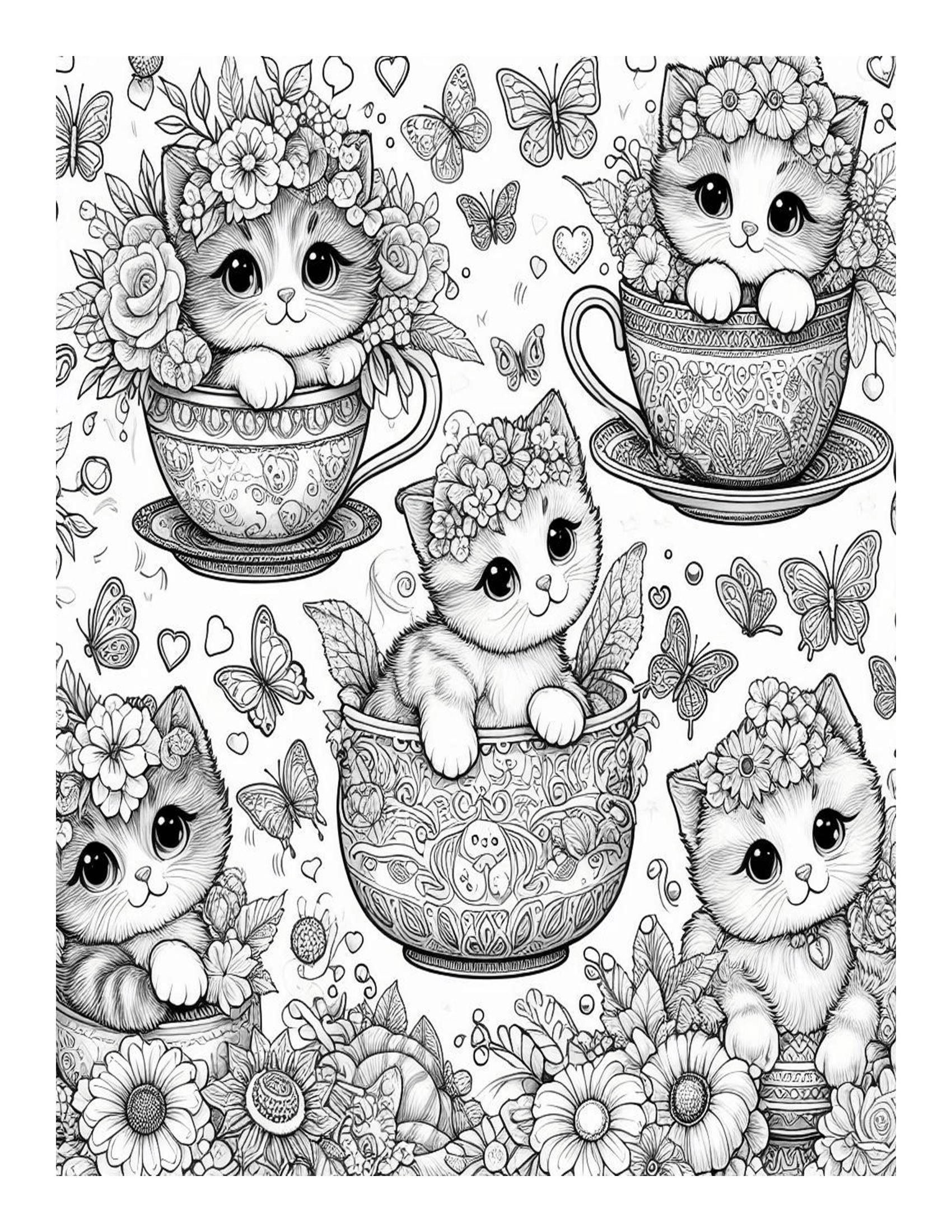 Grayscale Teacup Kittens Coloring Pages