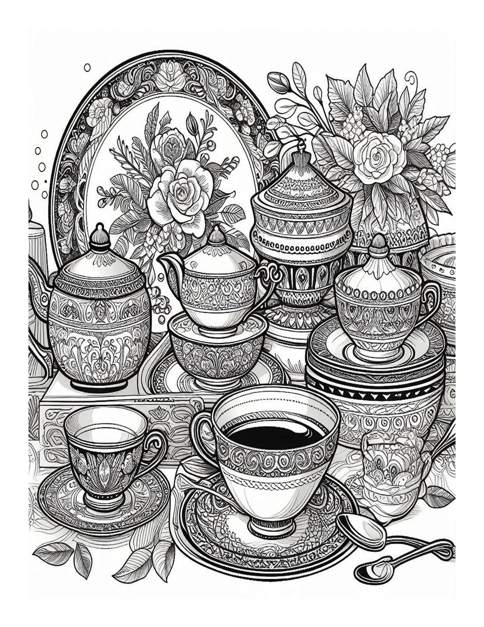 Grayscale Fancy Dishware Set Coloring Pages