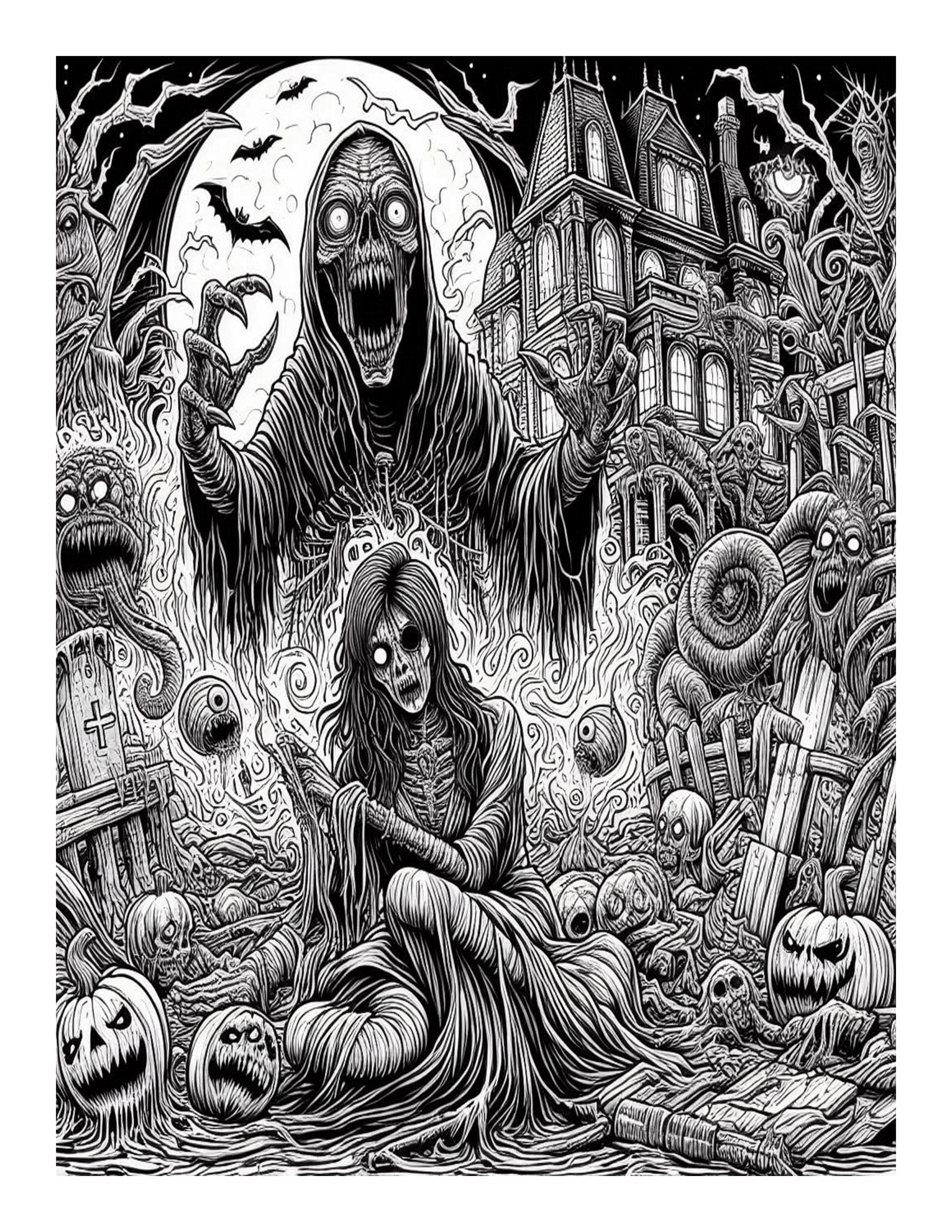 Grayscale Horror Nightmare Halloween Coloring Pages 