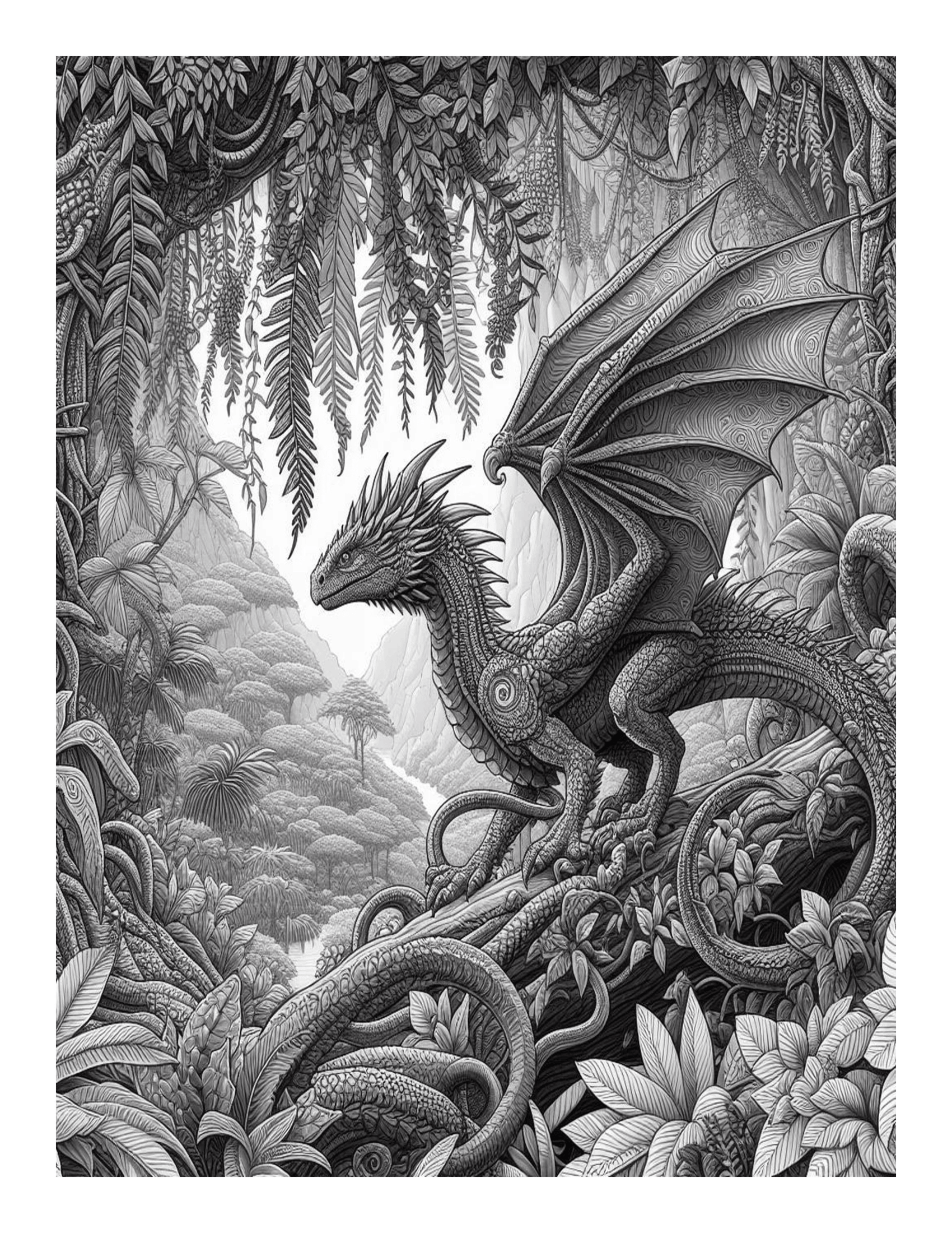 Grayscale Dragon Adventures of the Jungle Features 25 Printable Coloring Pages for Adults