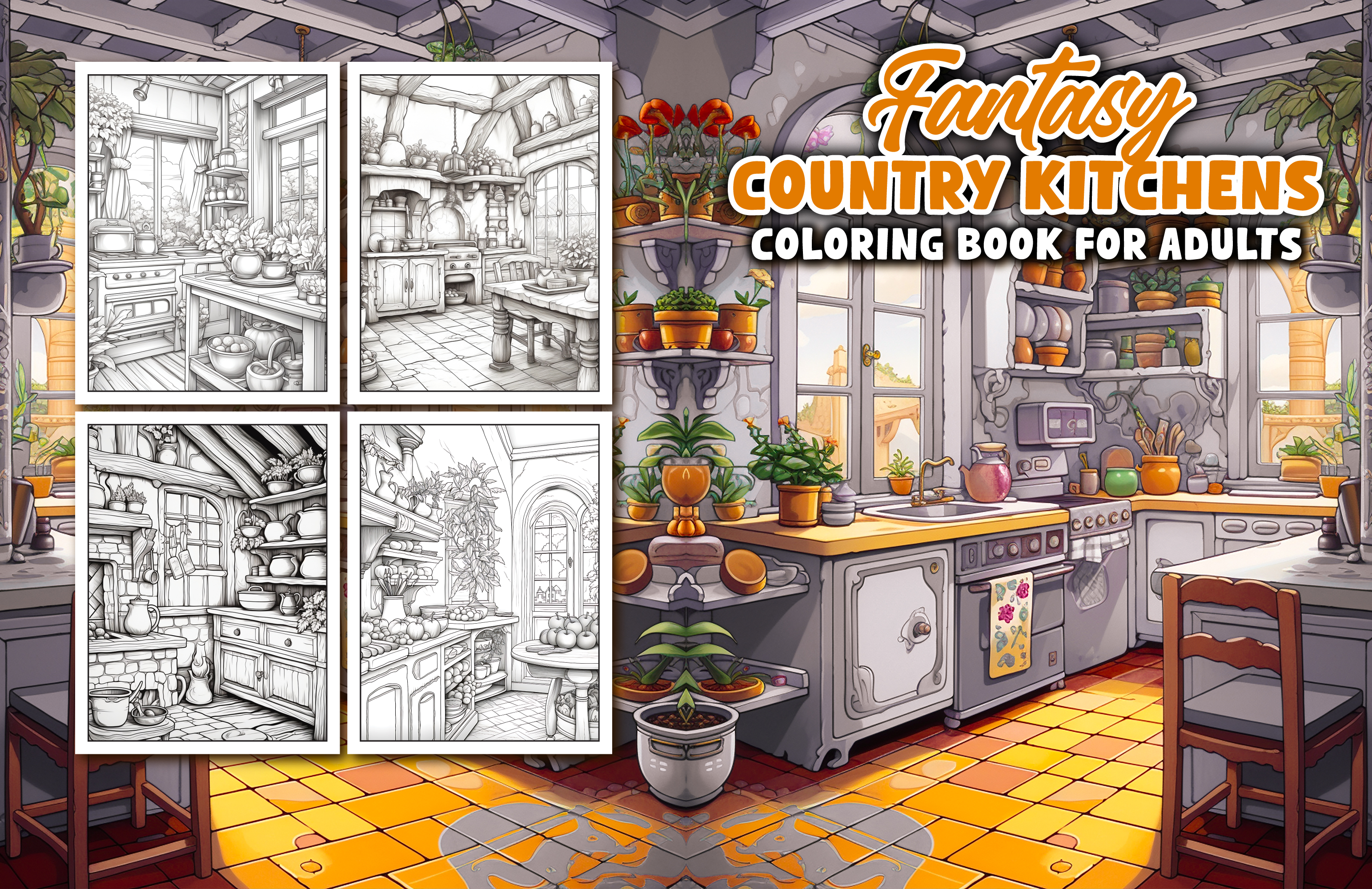 Grayscale Fantasy Country Kitchen Features 25 Printable Coloring Pages for Adults   