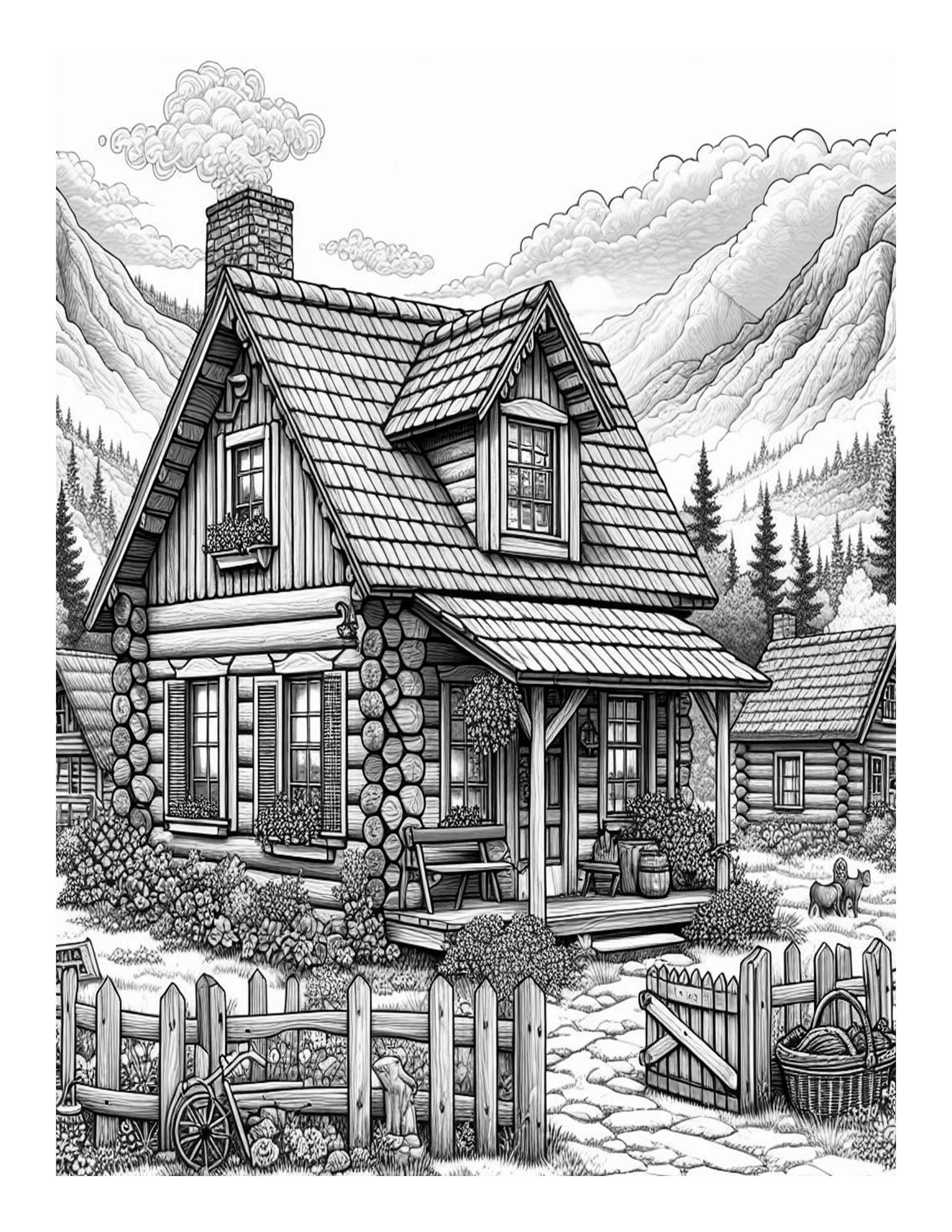 Grayscale Country Cabins Coloring Pages 