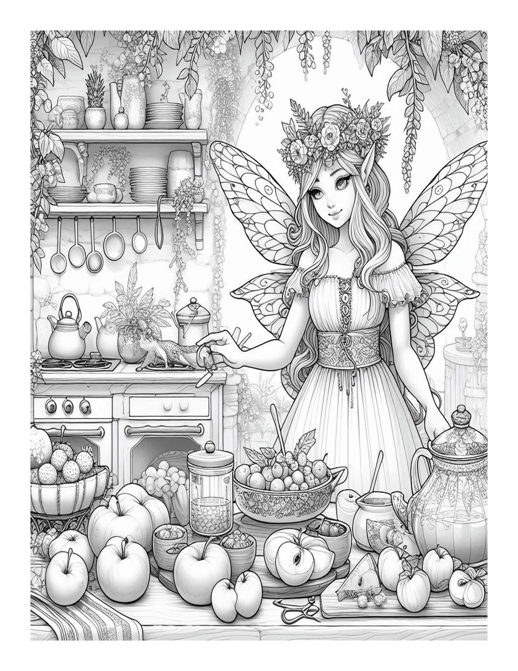 Grayscale Fairy Kitchen Coloring Pages 