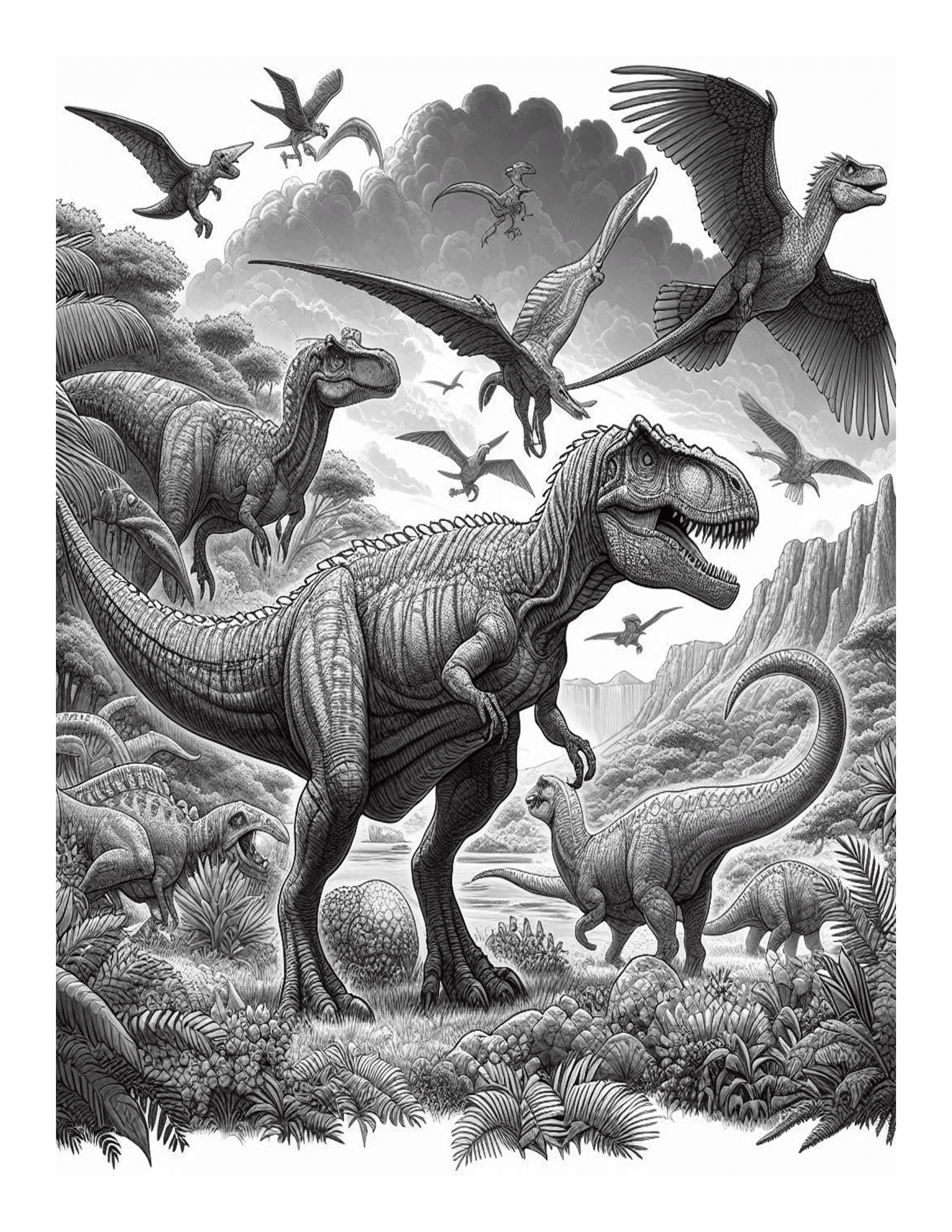 Grayscale Jurassic Dinosaurs Coloring Pages 