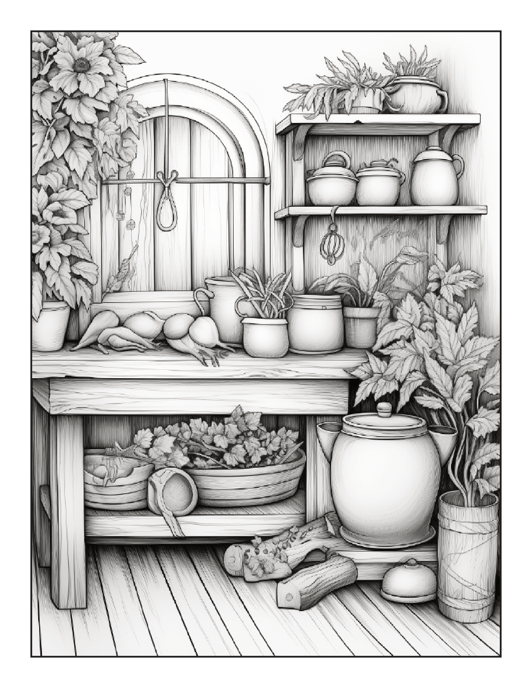 Gorgeous Country Kitchens Features 25 Printable Coloring Pages for Adults 