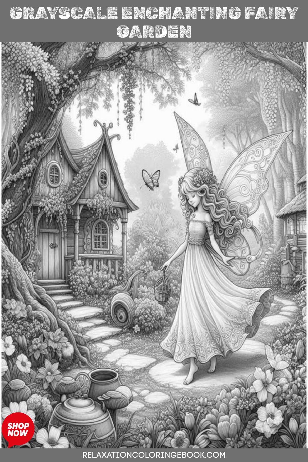 Grayscale Enchanting Fairy Garden Features 25 Printable Coloring Pages for Adults